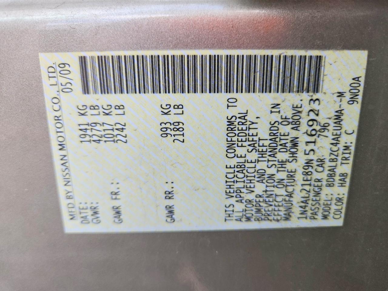 2009 Nissan Altima 2.5 Gold vin: 1N4AL21E89N516923