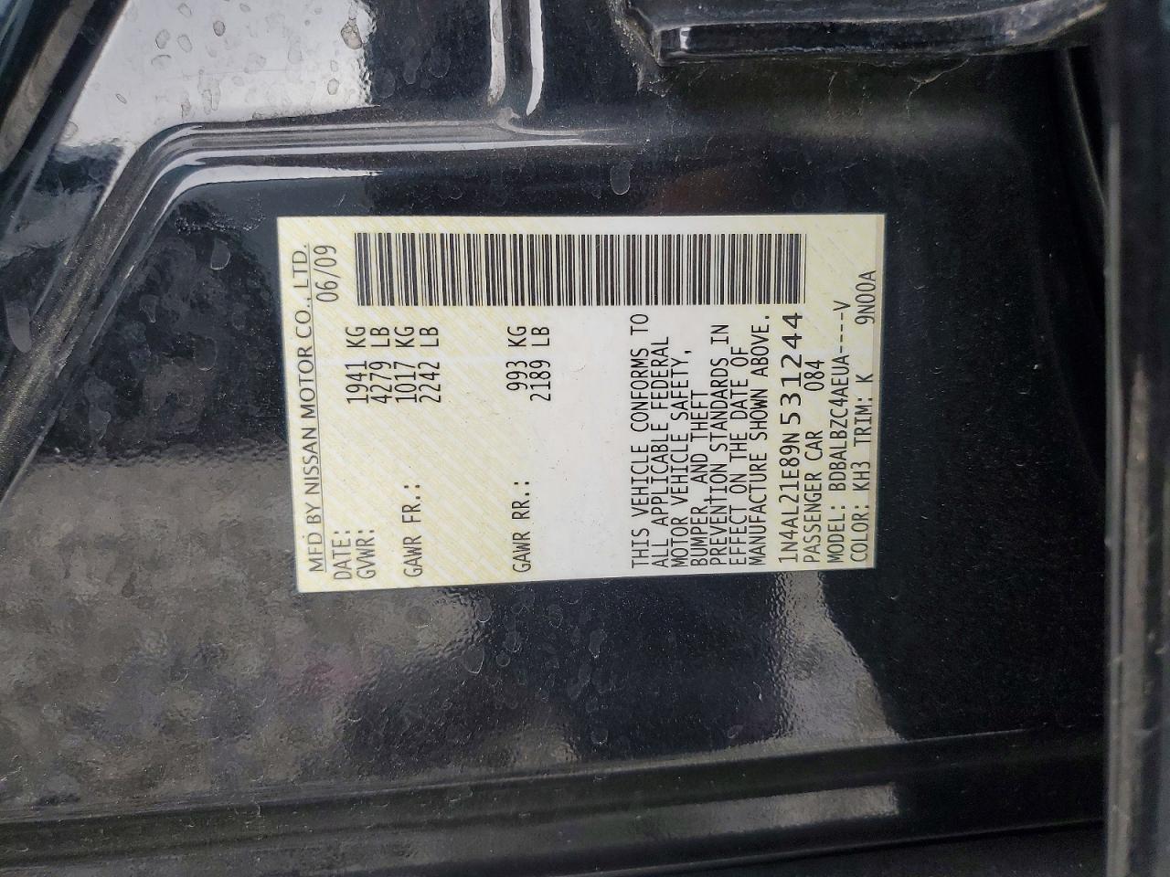 2009 Nissan Altima 2.5 Black vin: 1N4AL21E89N531244