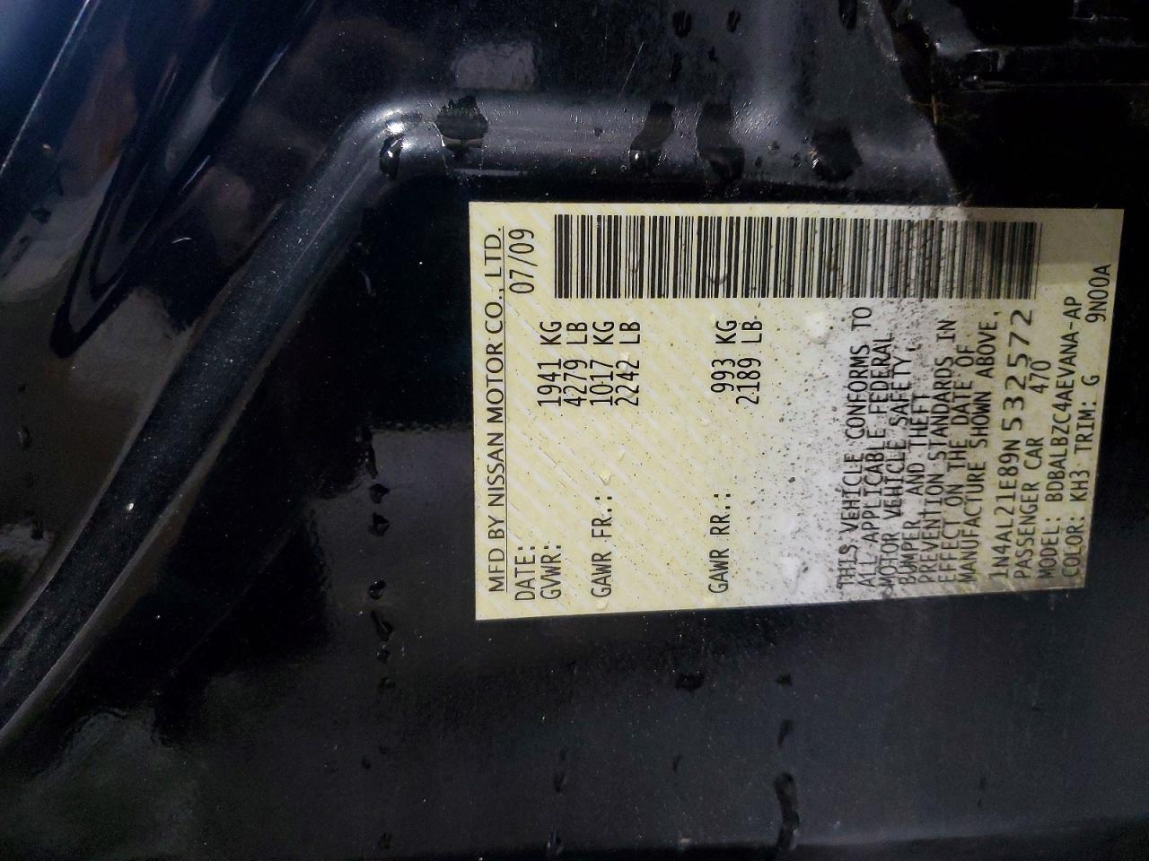 2009 Nissan Altima 2.5 Черный vin: 1N4AL21E89N532572