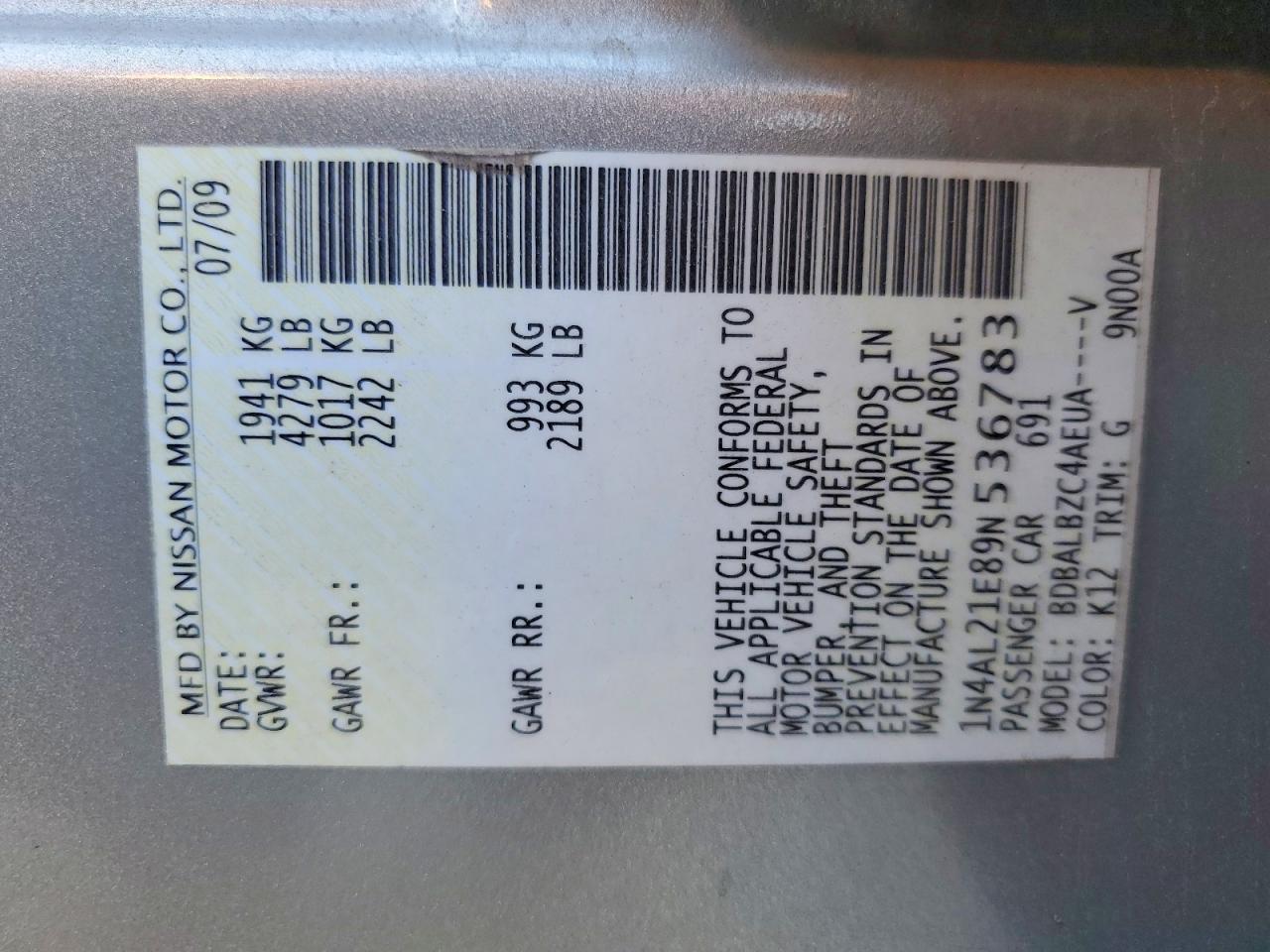 2009 Nissan Altima 2.5 Silver vin: 1N4AL21E89N536783
