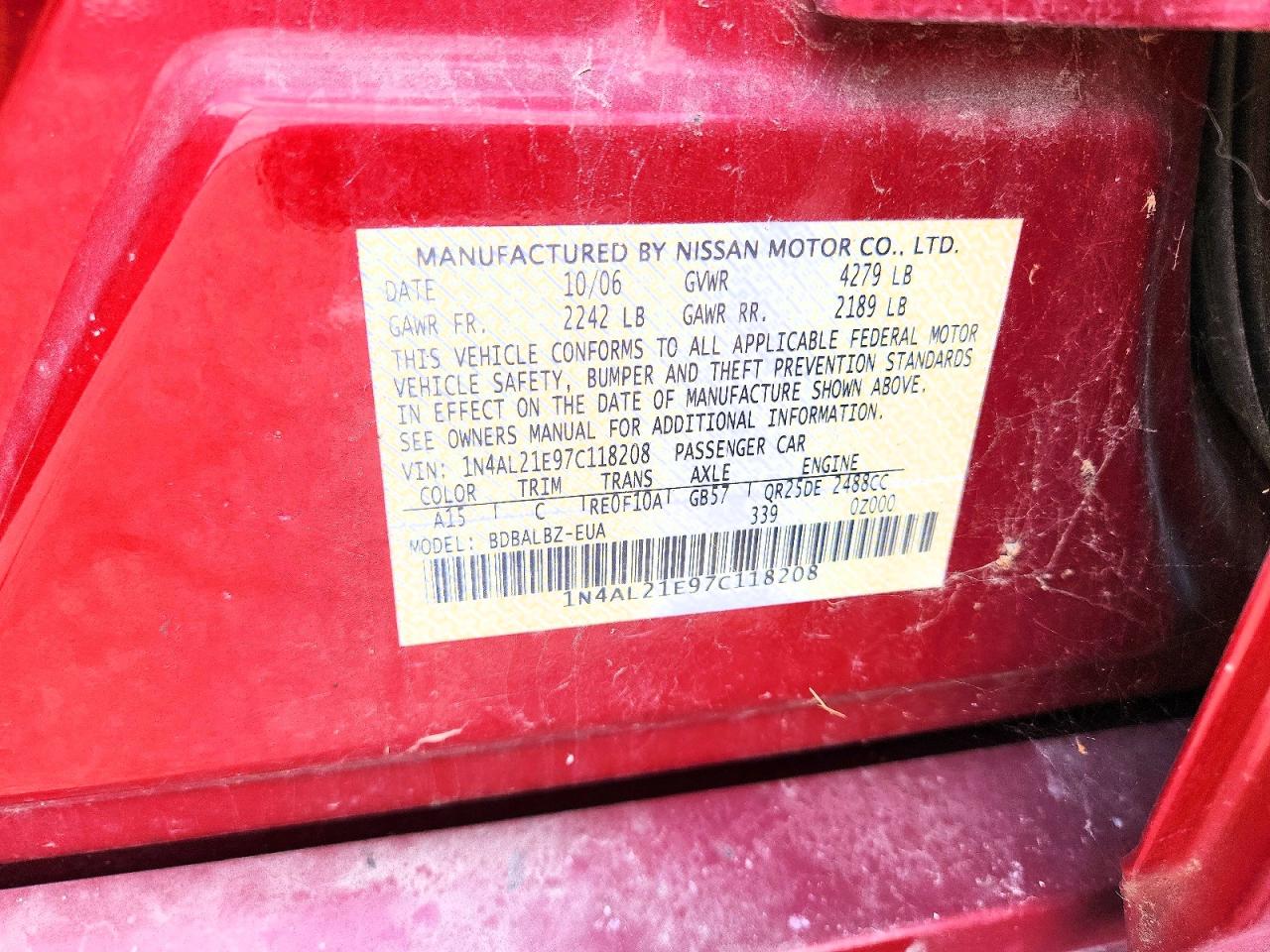 2007 Nissan Altima 2.5 Maroon vin: 1N4AL21E97C118208