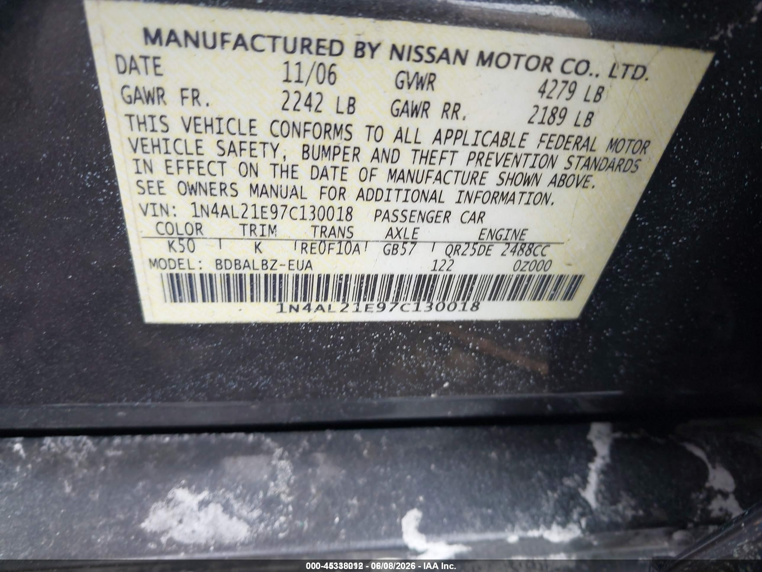 2007 Nissan Altima 2.5 S Серый vin: 1N4AL21E97C130018