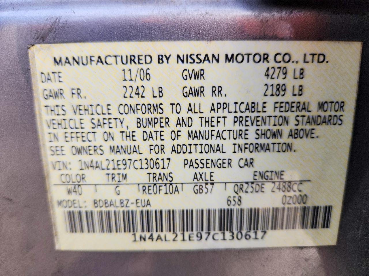 2007 Nissan Altima 2.5 Gray vin: 1N4AL21E97C130617