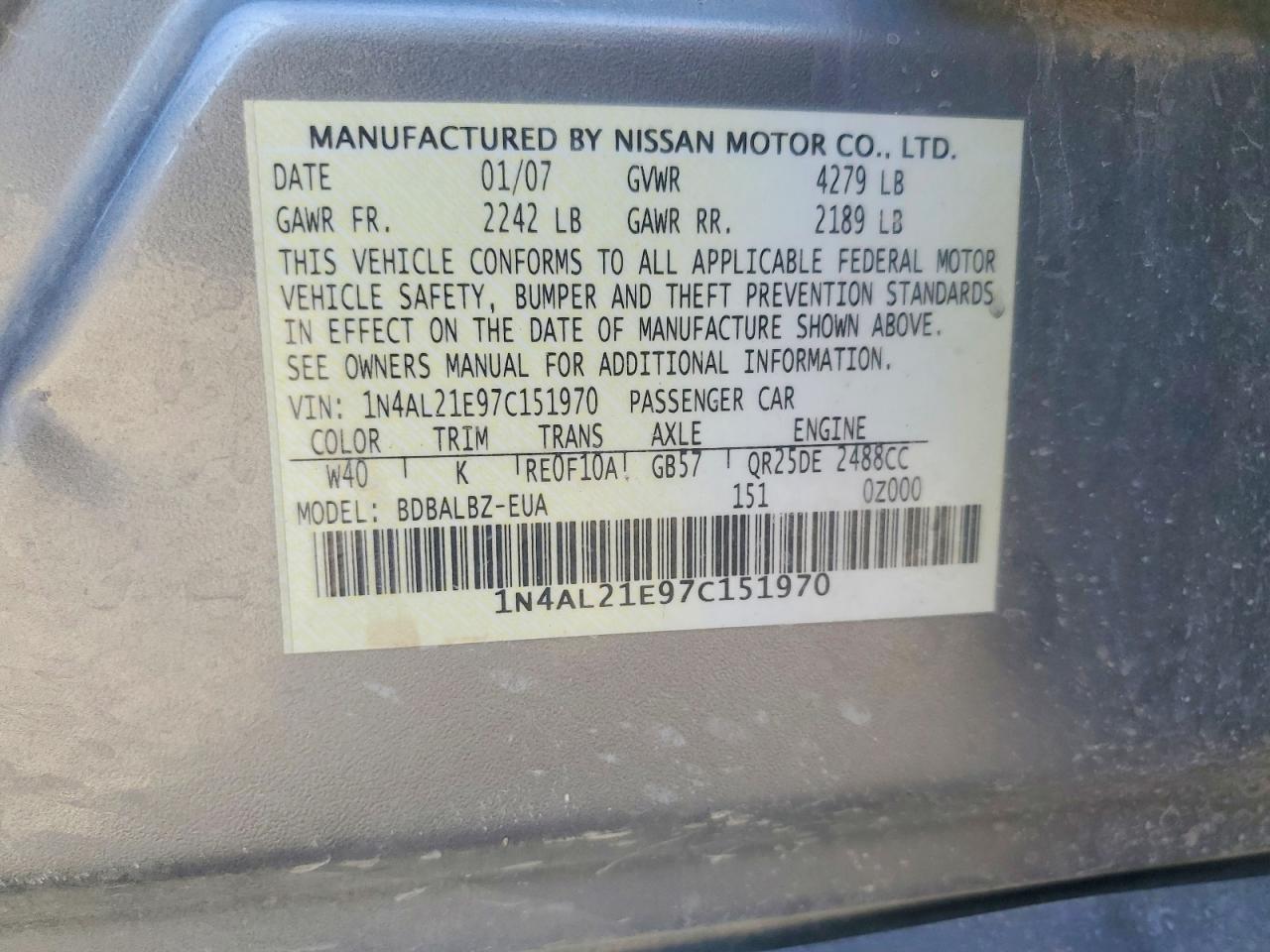 2007 Nissan Altima 2.5 Silver vin: 1N4AL21E97C151970