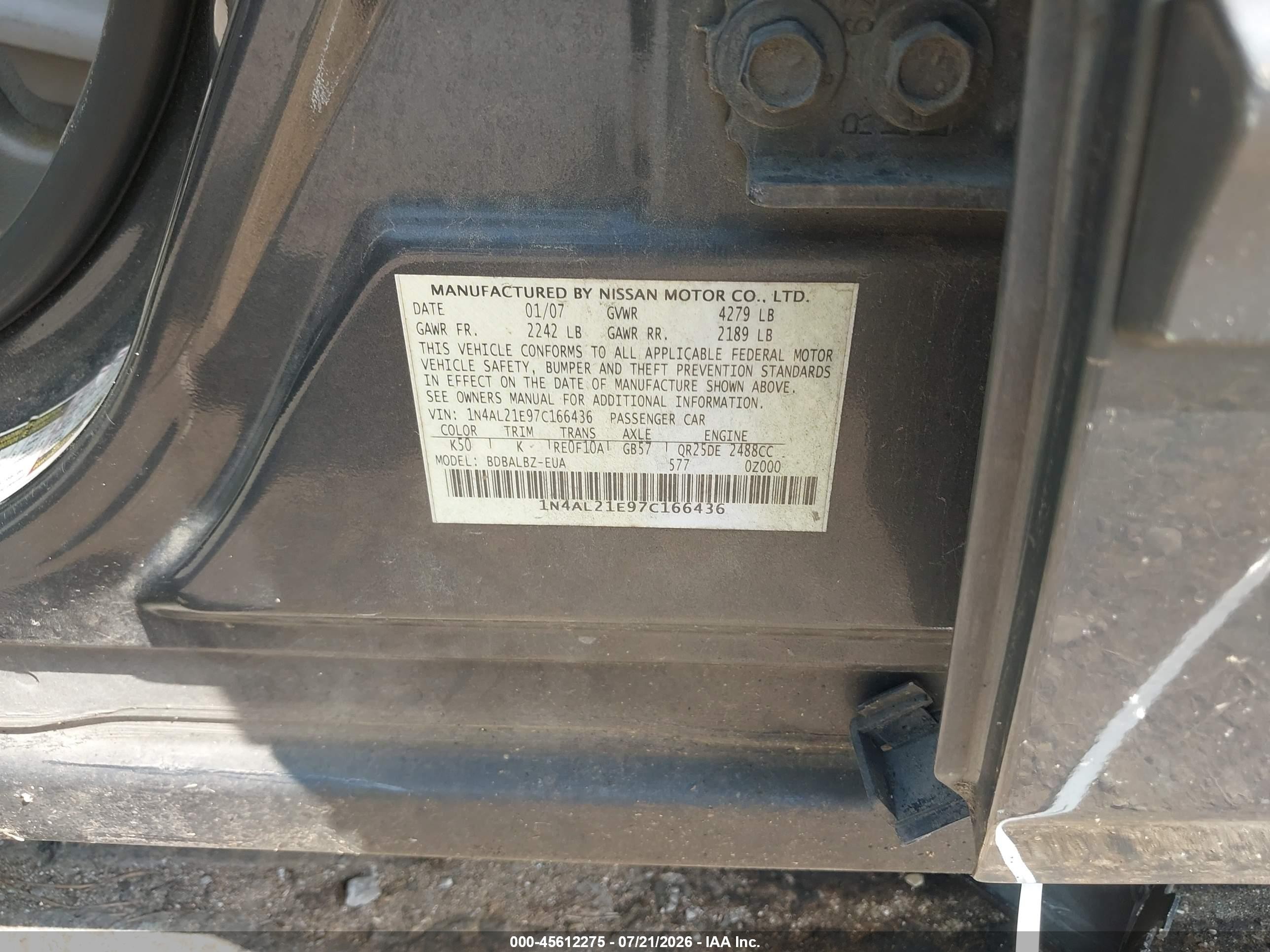 2007 Nissan Altima 2.5 S Серый vin: 1N4AL21E97C166436