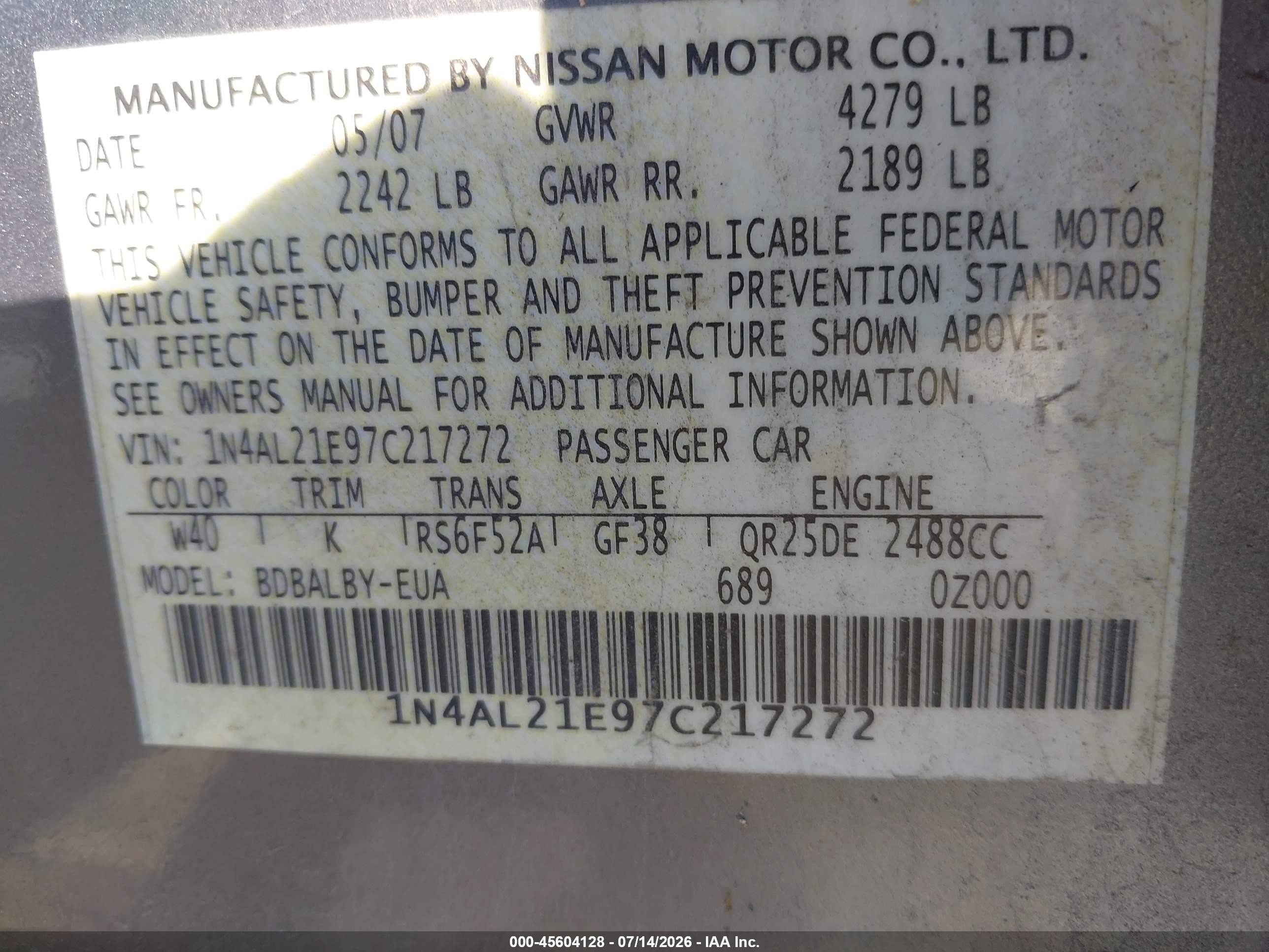 2007 Nissan Altima 2.5 S Silver vin: 1N4AL21E97C217272