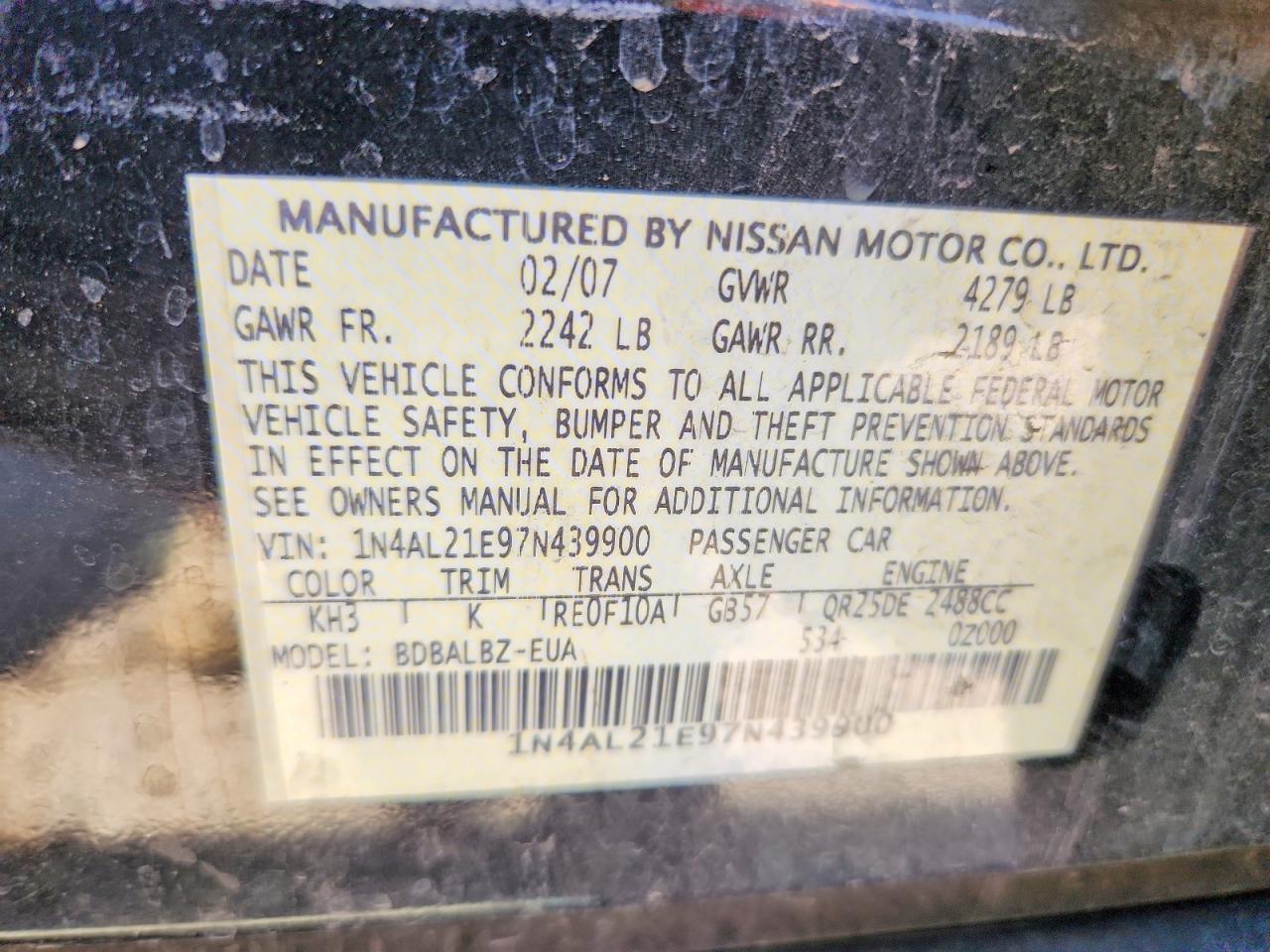 2007 Nissan Altima 2.5 Black vin: 1N4AL21E97N439900