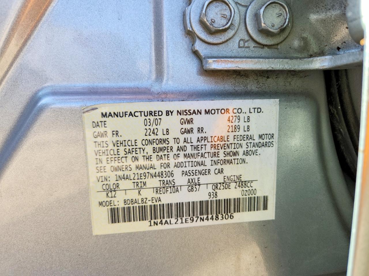 2007 Nissan Altima 2.5 Silver vin: 1N4AL21E97N448306