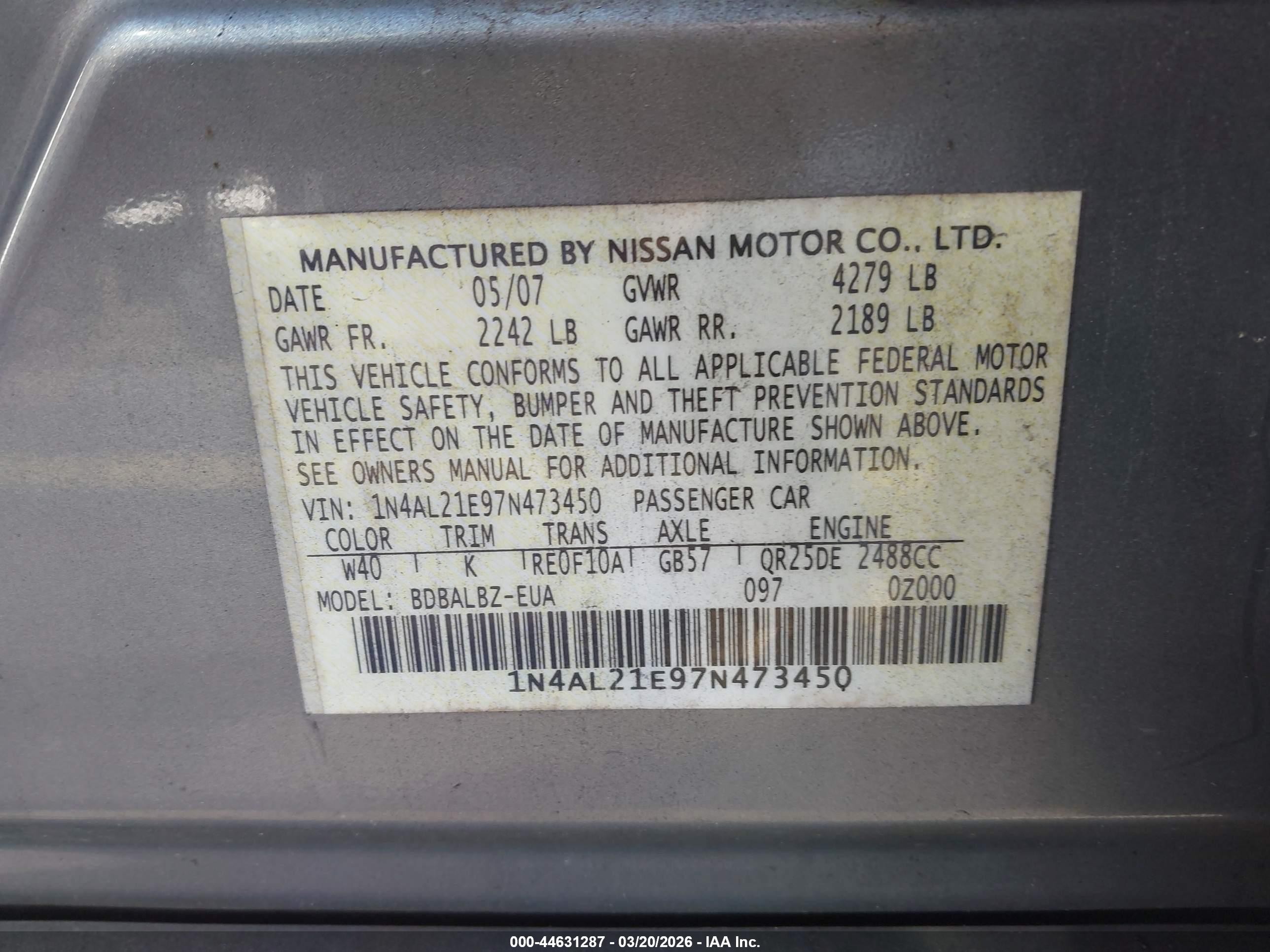 2007 Nissan Altima 2.5 S Gray vin: 1N4AL21E97N473450