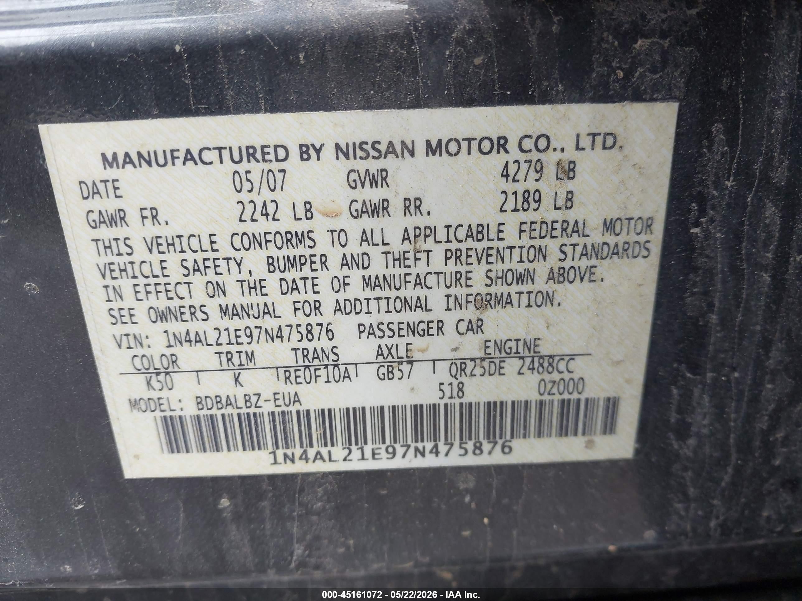 2007 Nissan Altima 2.5 S Gray vin: 1N4AL21E97N475876