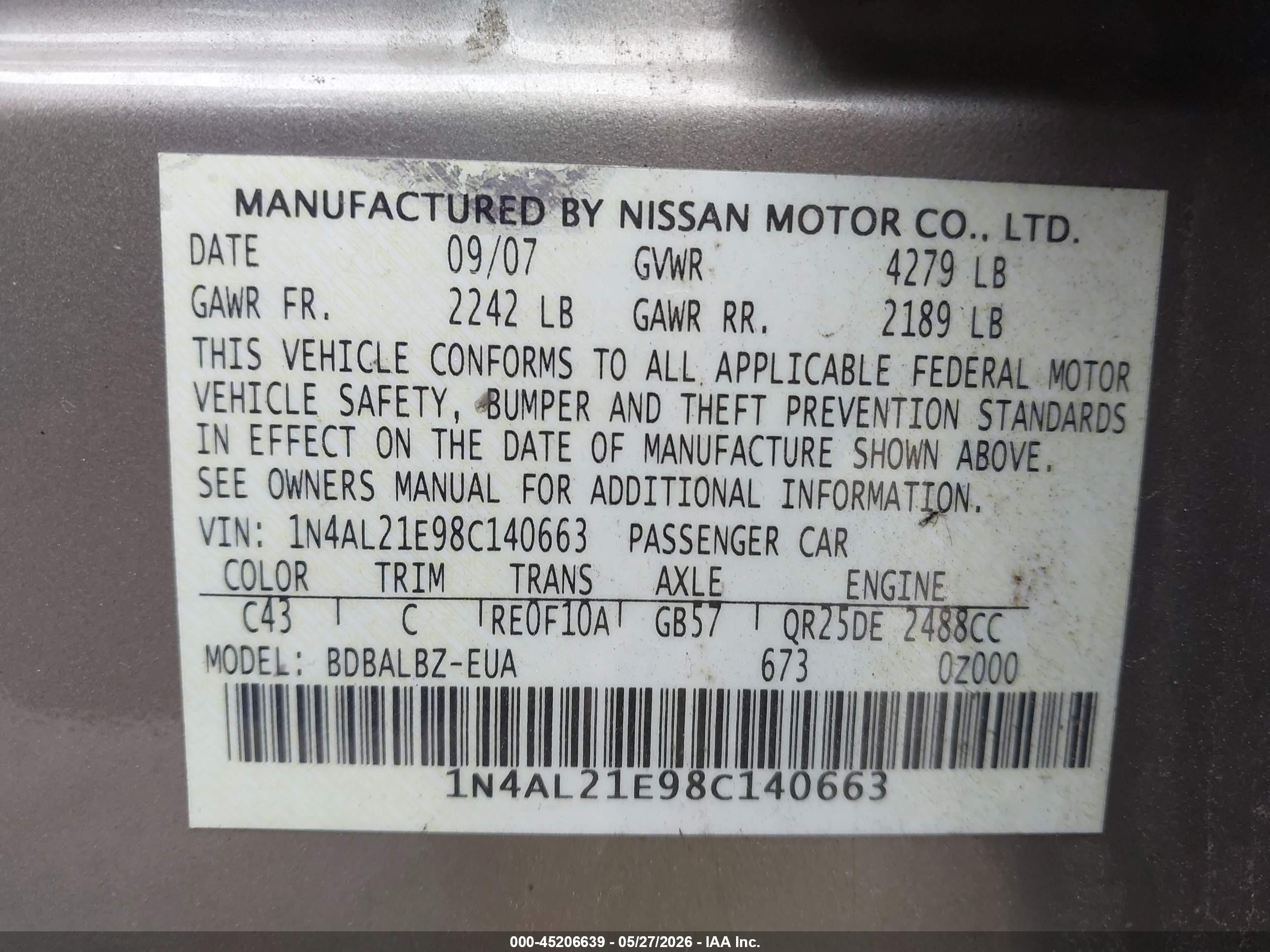2008 Nissan Altima 2.5 S Tan vin: 1N4AL21E98C140663