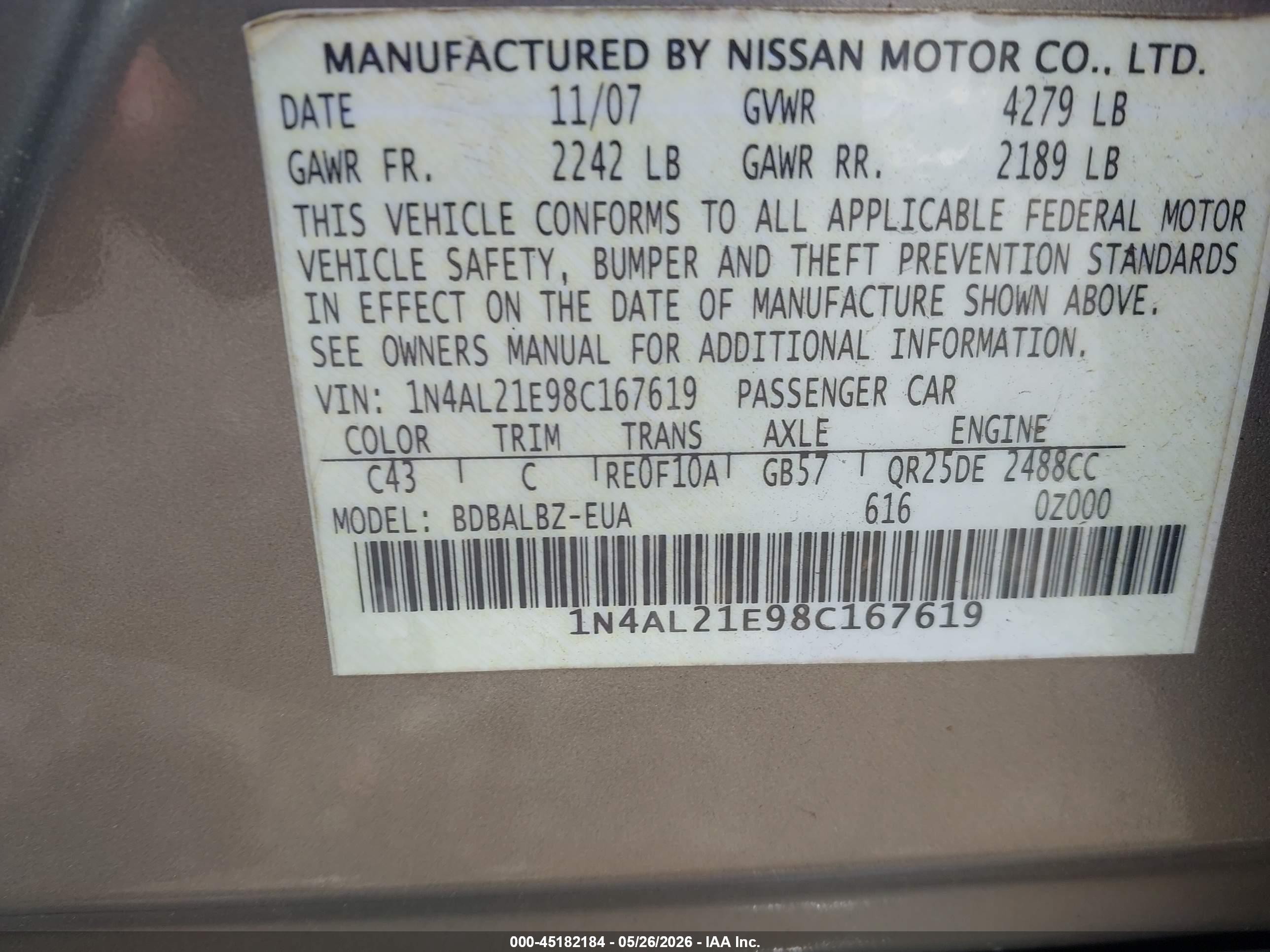 2008 Nissan Altima 2.5 S Gold vin: 1N4AL21E98C167619