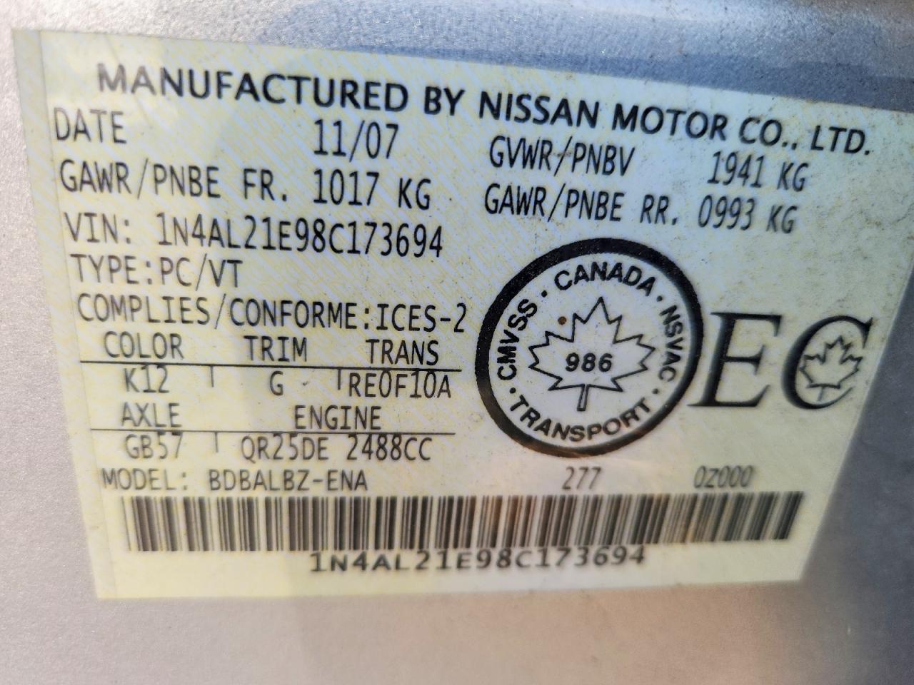 2008 Nissan Altima 2.5 S Silver vin: 1N4AL21E98C173694