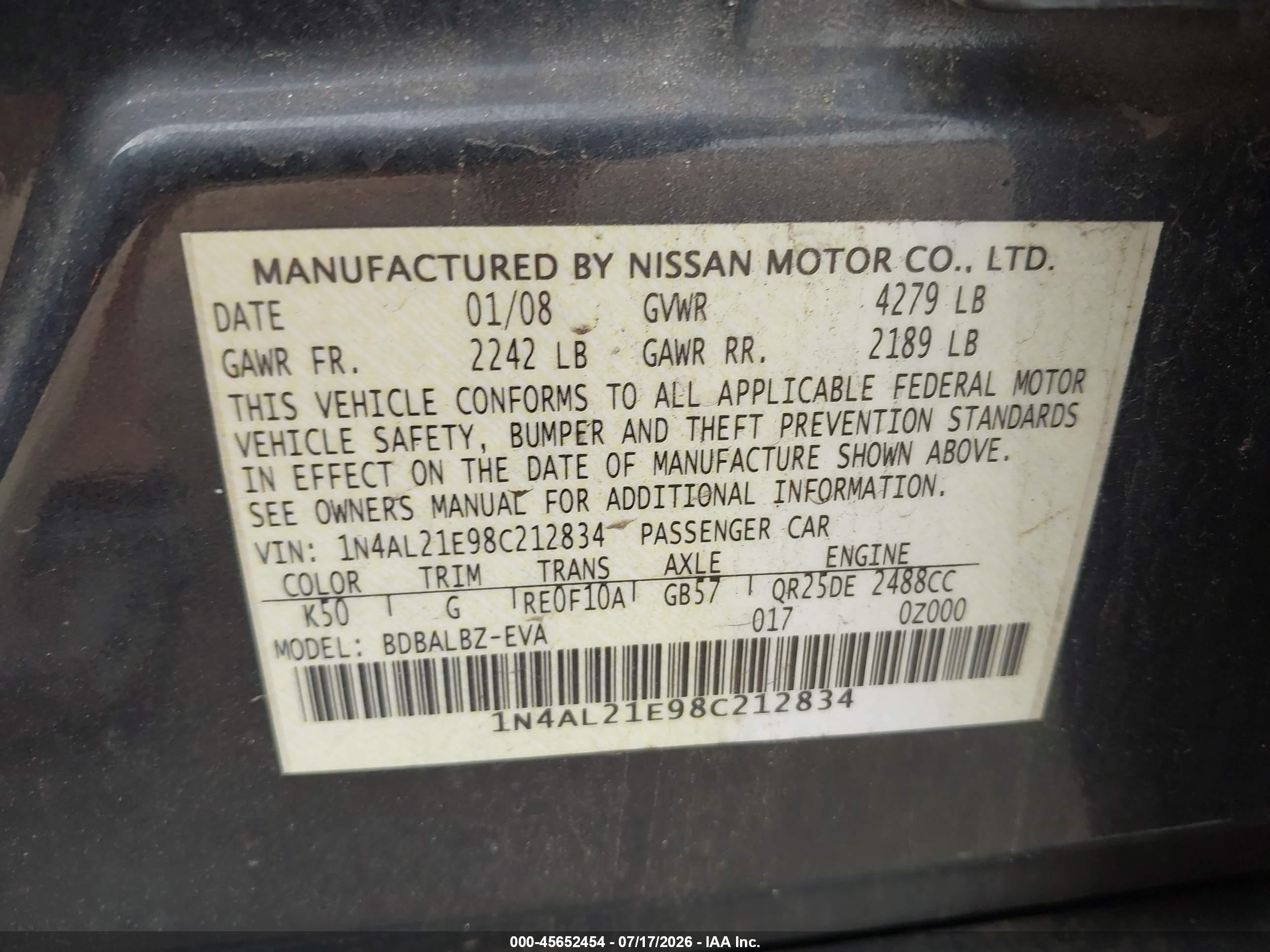 2008 Nissan Altima 2.5 S Gray vin: 1N4AL21E98C212834