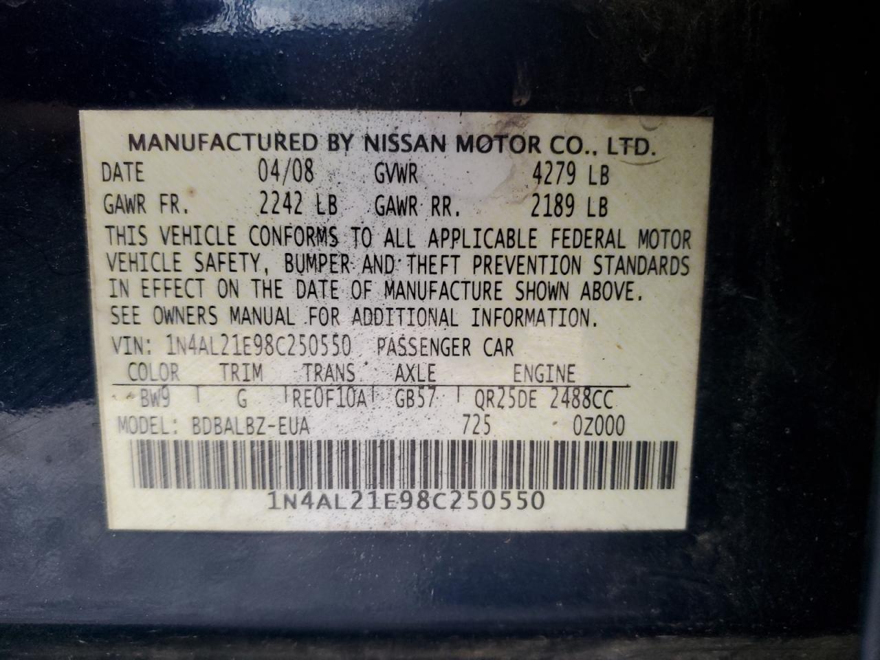 2008 Nissan Altima 2.5 Blue vin: 1N4AL21E98C250550