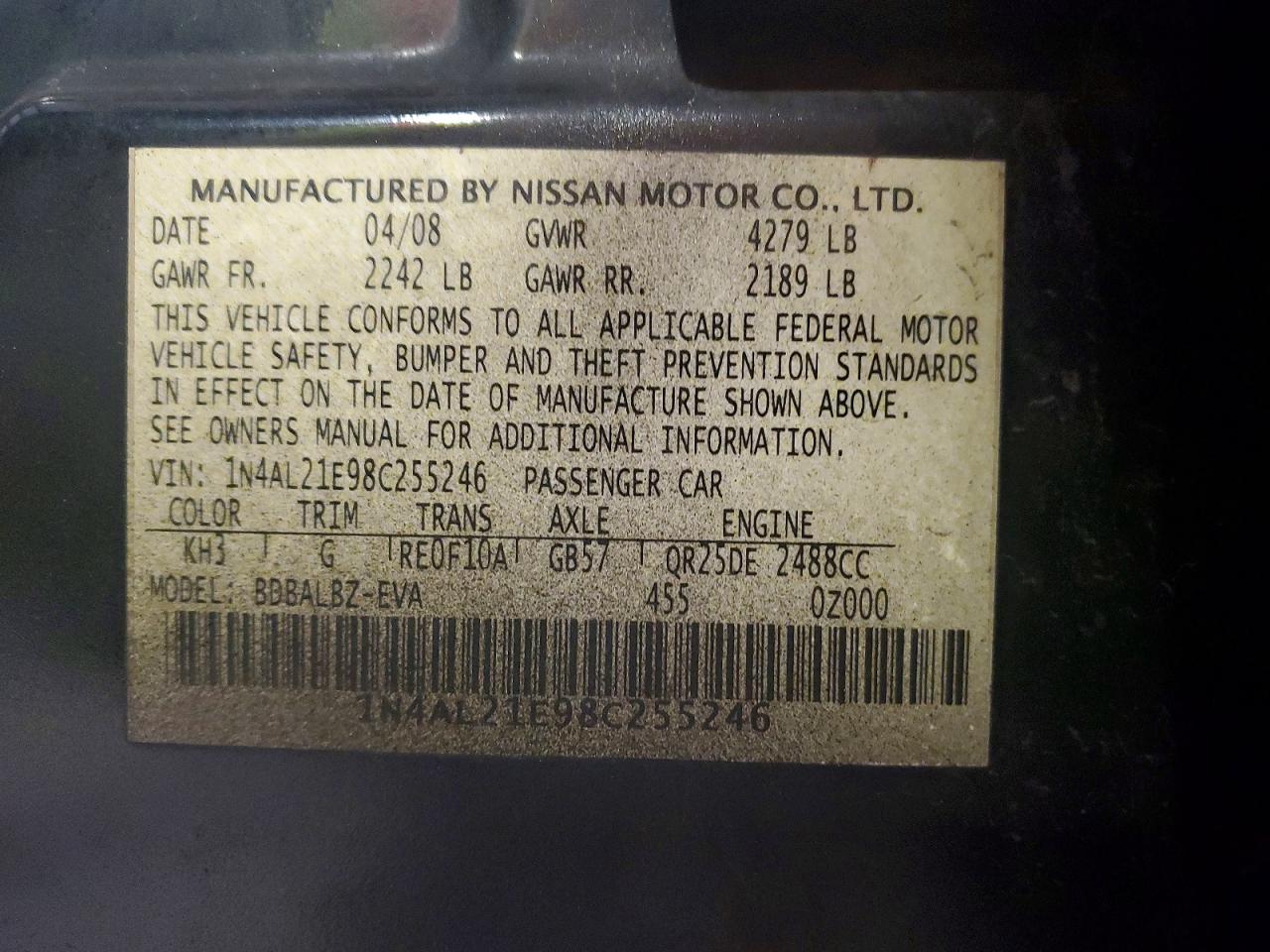 2008 Nissan Altima 2.5 Black vin: 1N4AL21E98C255246