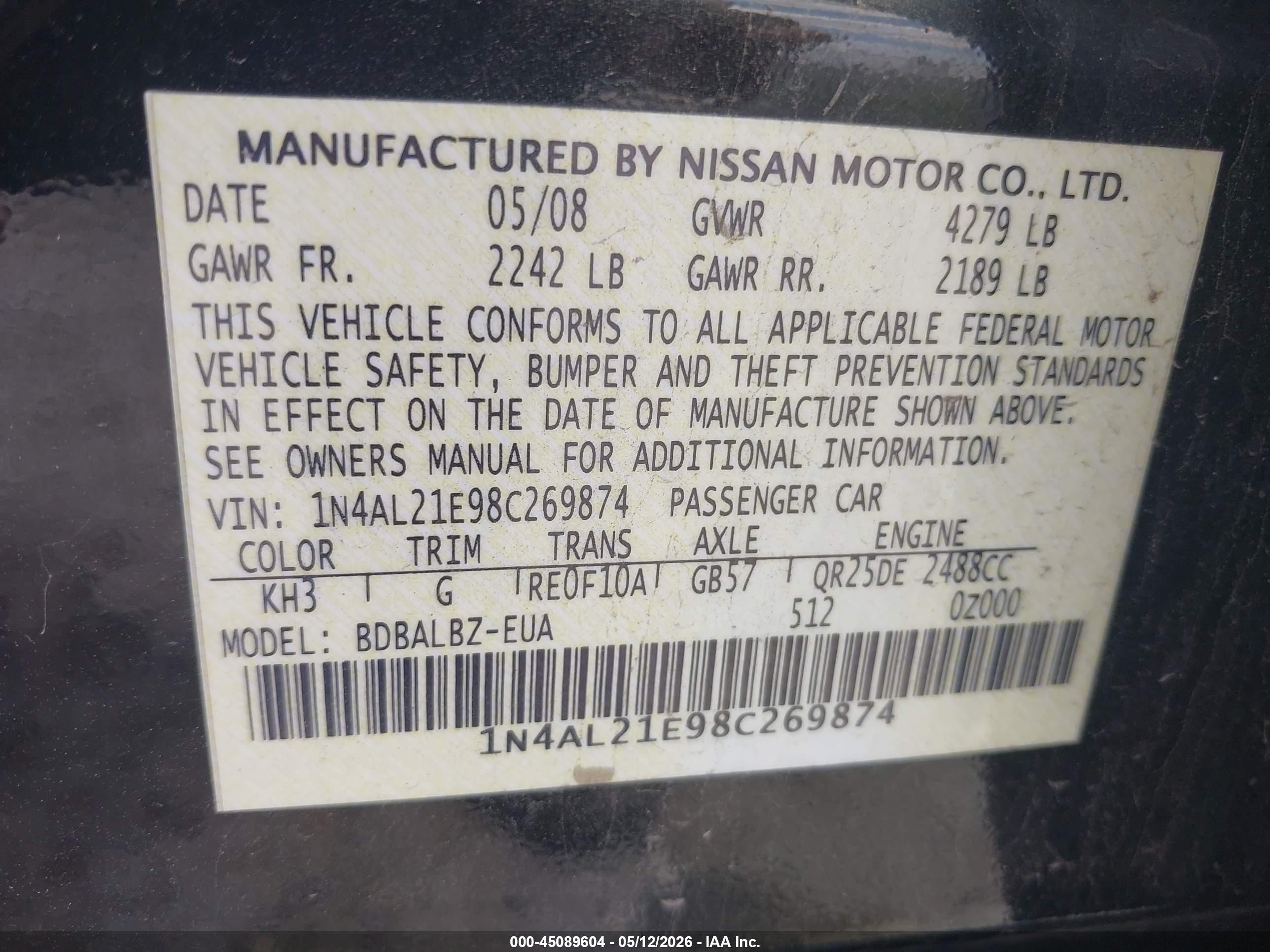 2008 Nissan Altima 2.5 S Black vin: 1N4AL21E98C269874