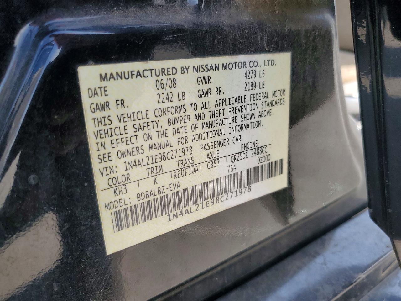 2008 Nissan Altima 2.5/2.5s Black vin: 1N4AL21E98C271978