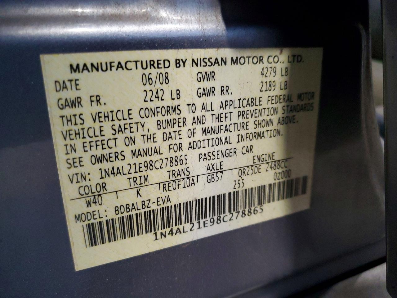 2008 Nissan Altima 2.5 Silver vin: 1N4AL21E98C278865