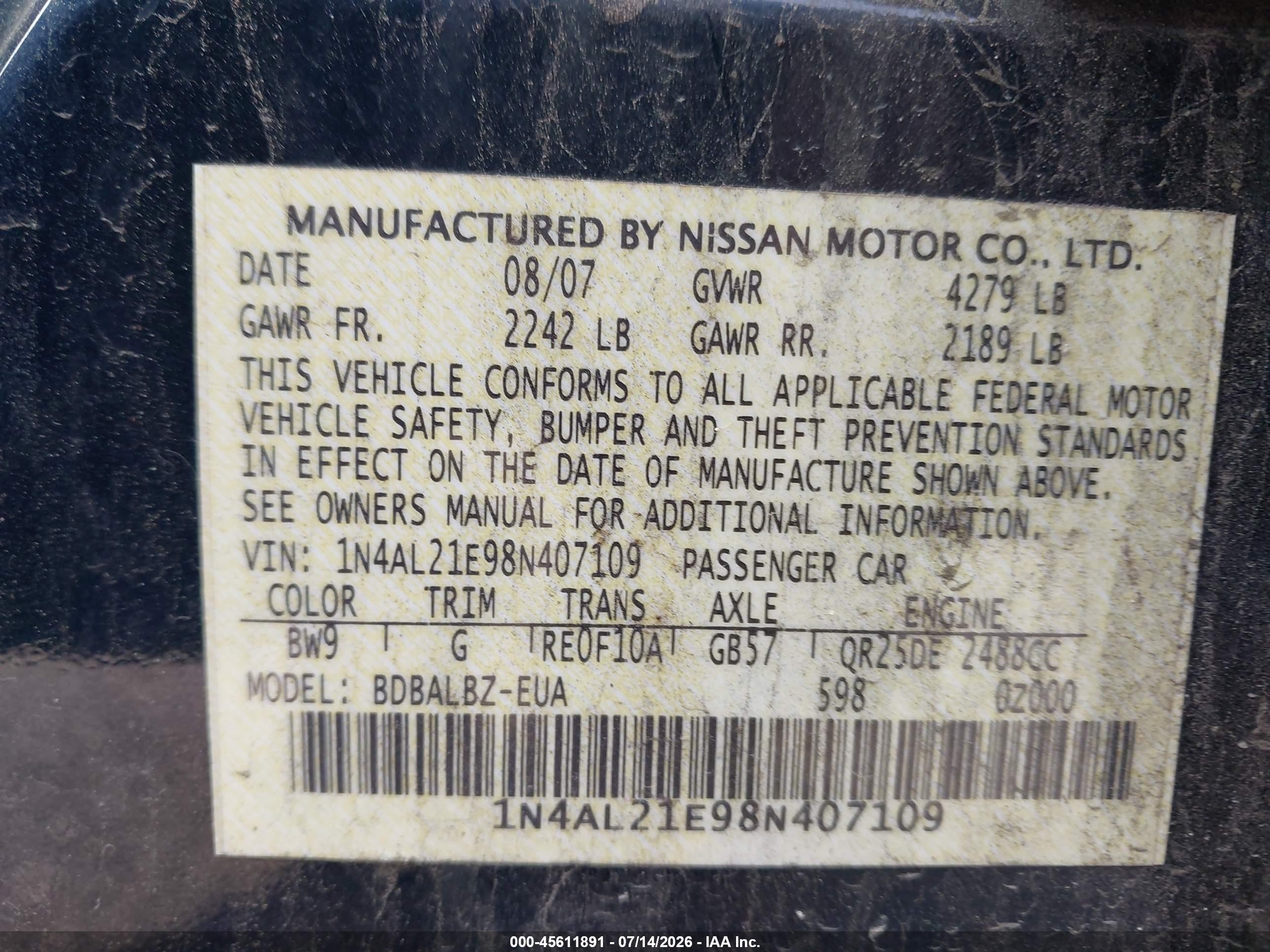 2008 Nissan Altima 2.5 S Dark Blue vin: 1N4AL21E98N407109