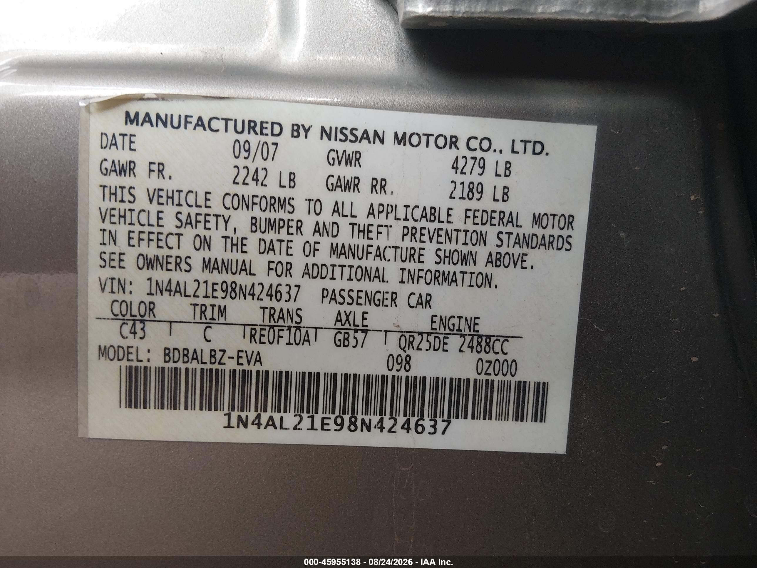 2008 Nissan Altima 2.5 S Gray vin: 1N4AL21E98N424637