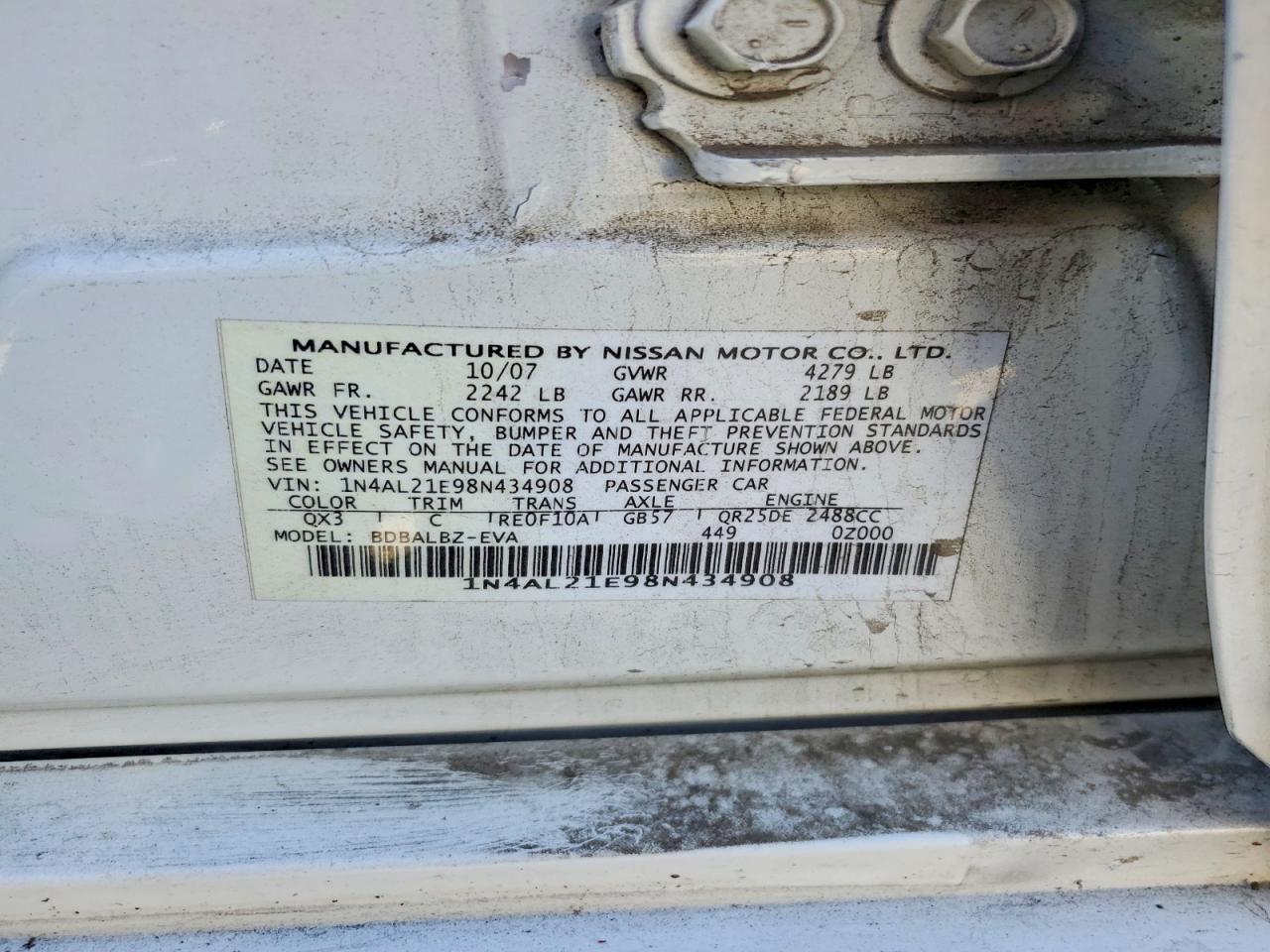 2008 Nissan Altima 2.5 White vin: 1N4AL21E98N434908