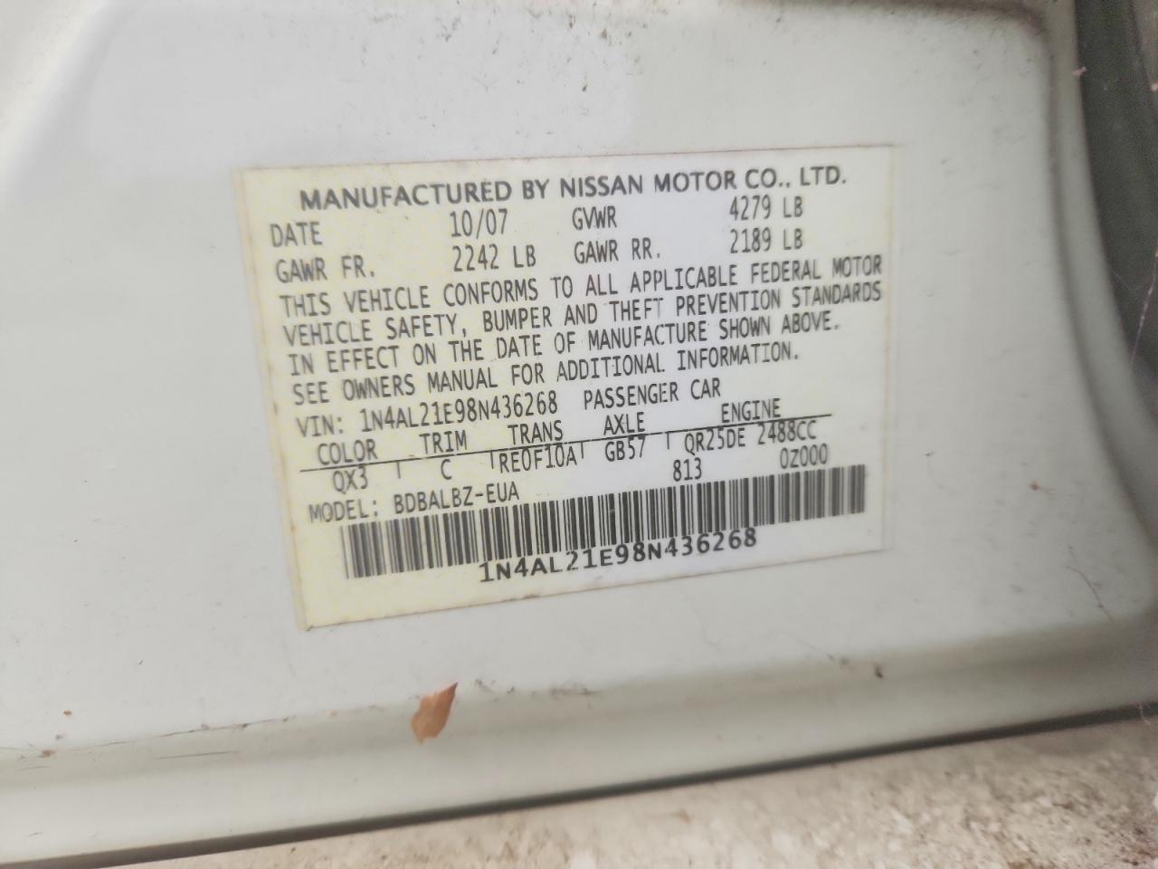 2008 Nissan Altima 2.5 White vin: 1N4AL21E98N436268