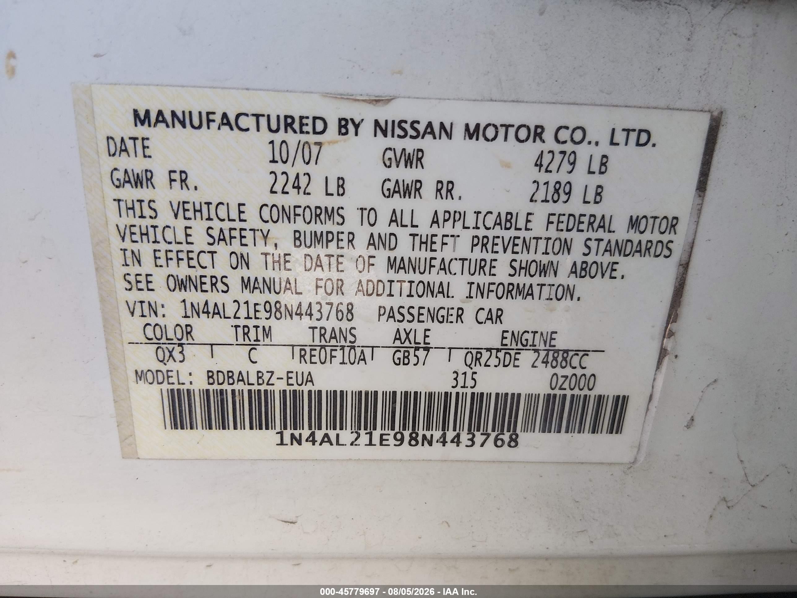 2008 Nissan Altima 2.5 Sl White vin: 1N4AL21E98N443768