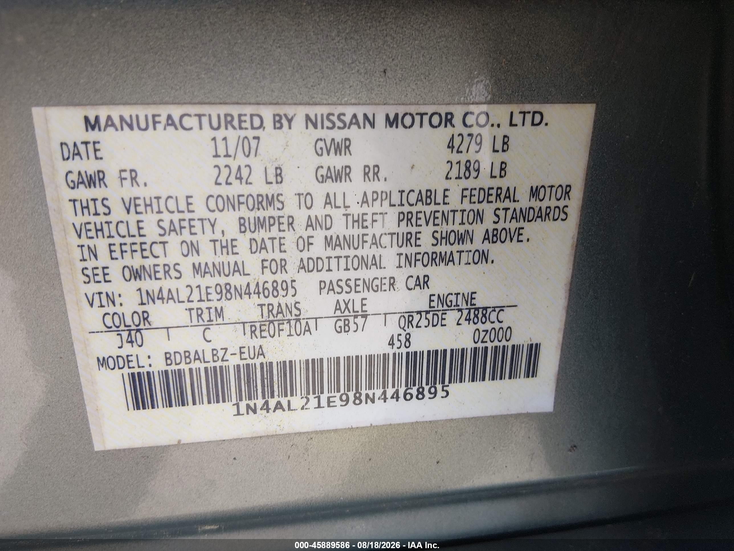 2008 Nissan Altima 2.5 Sl Green vin: 1N4AL21E98N446895