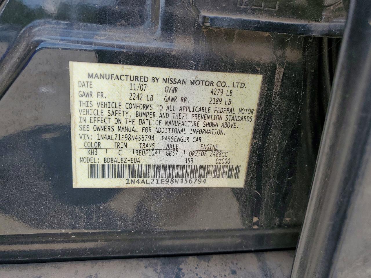 2008 Nissan Altima 2.5 Black vin: 1N4AL21E98N456794