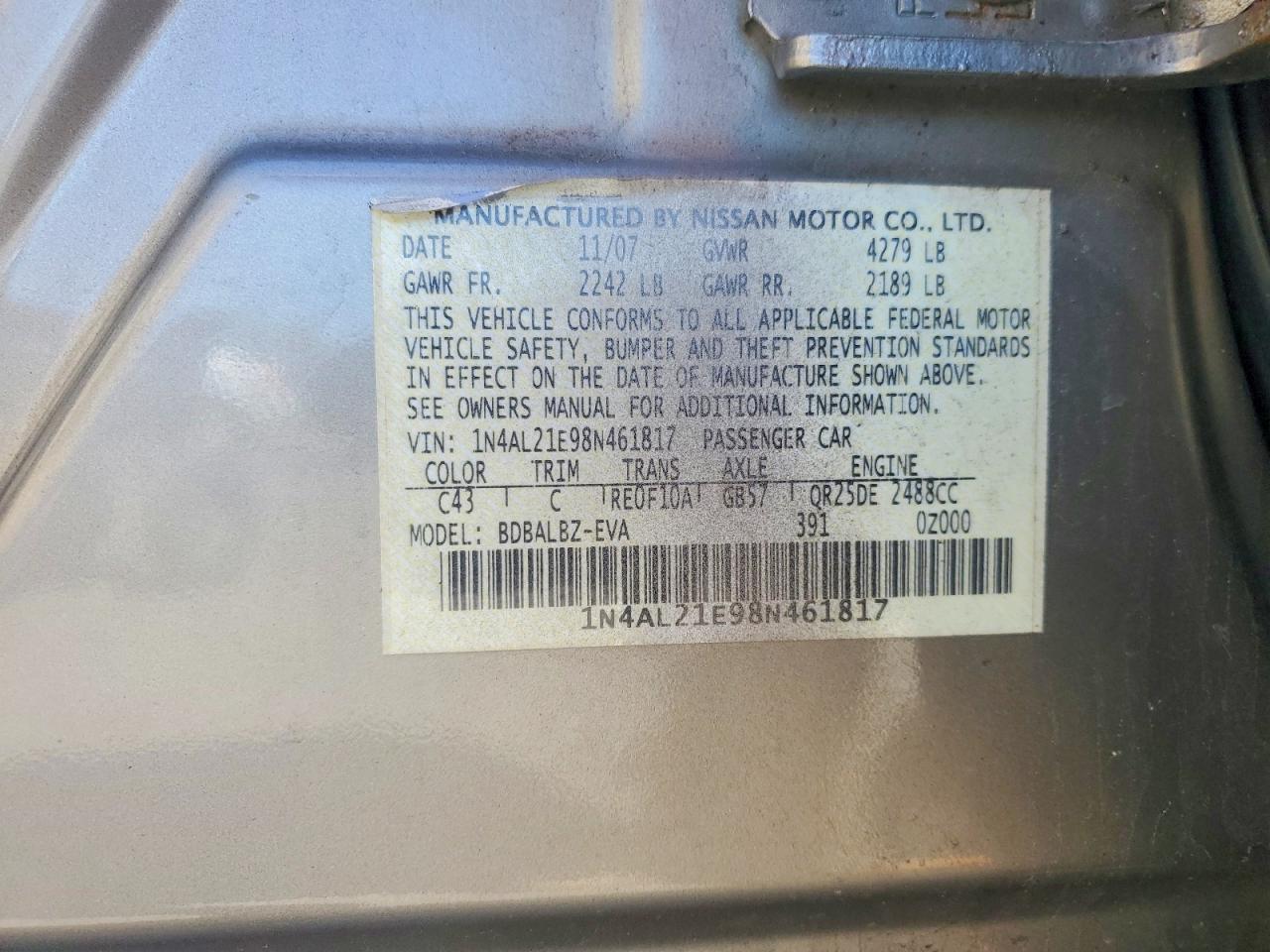 2008 Nissan Altima 2.5 Brown vin: 1N4AL21E98N461817