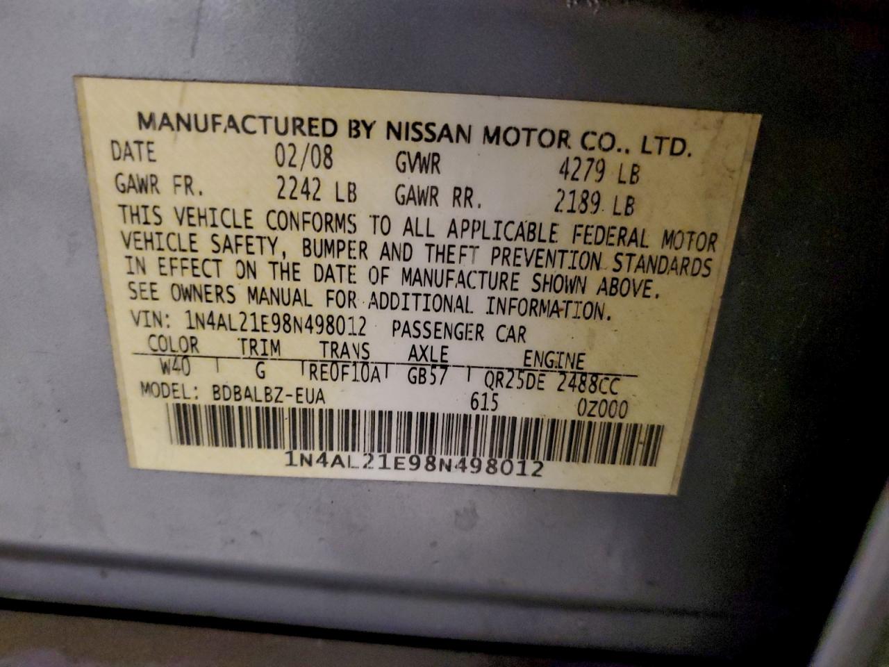 2008 Nissan Altima 2.5 Gray vin: 1N4AL21E98N498012