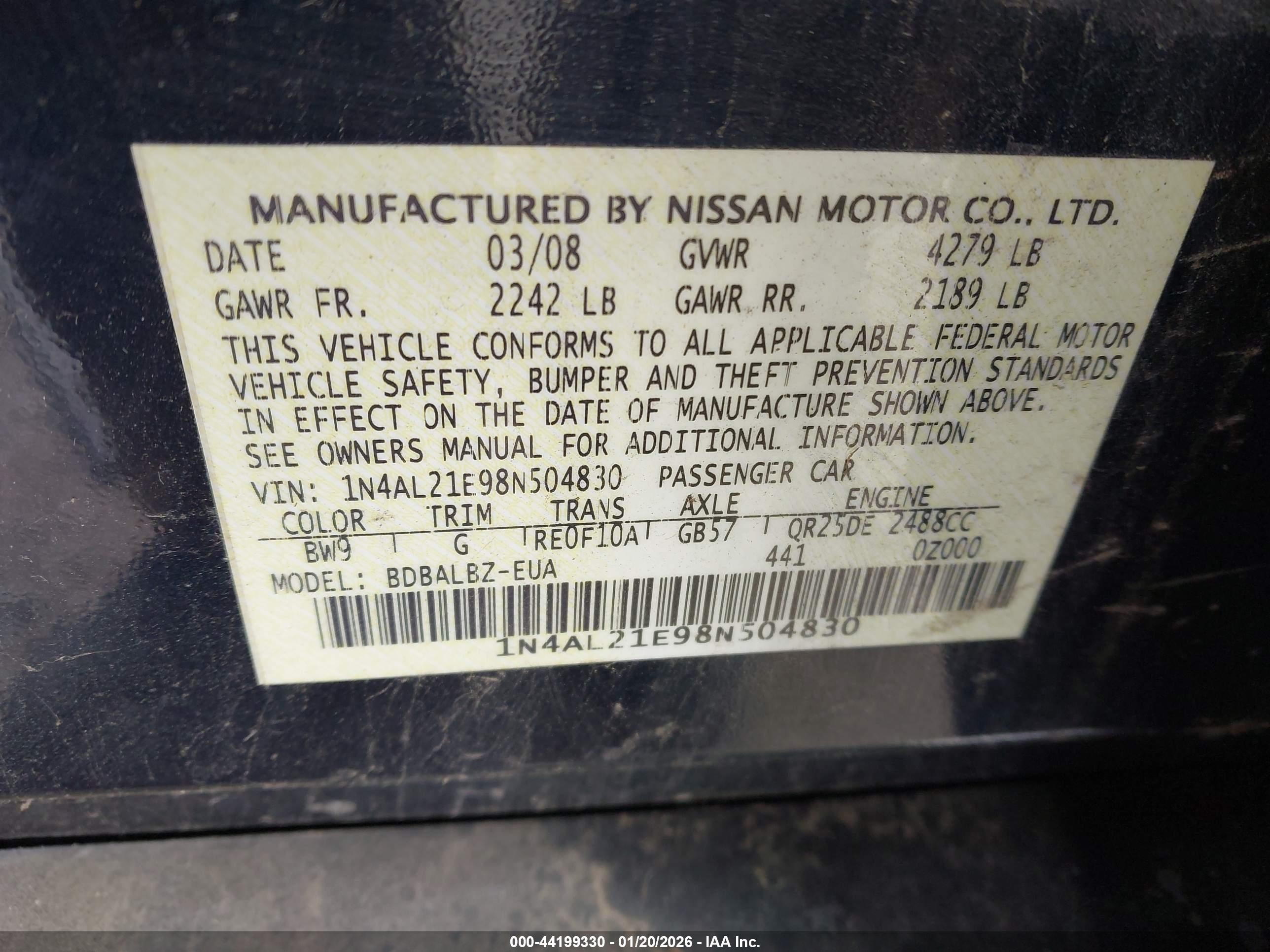 2008 Nissan Altima 2.5 S Синий vin: 1N4AL21E98N504830