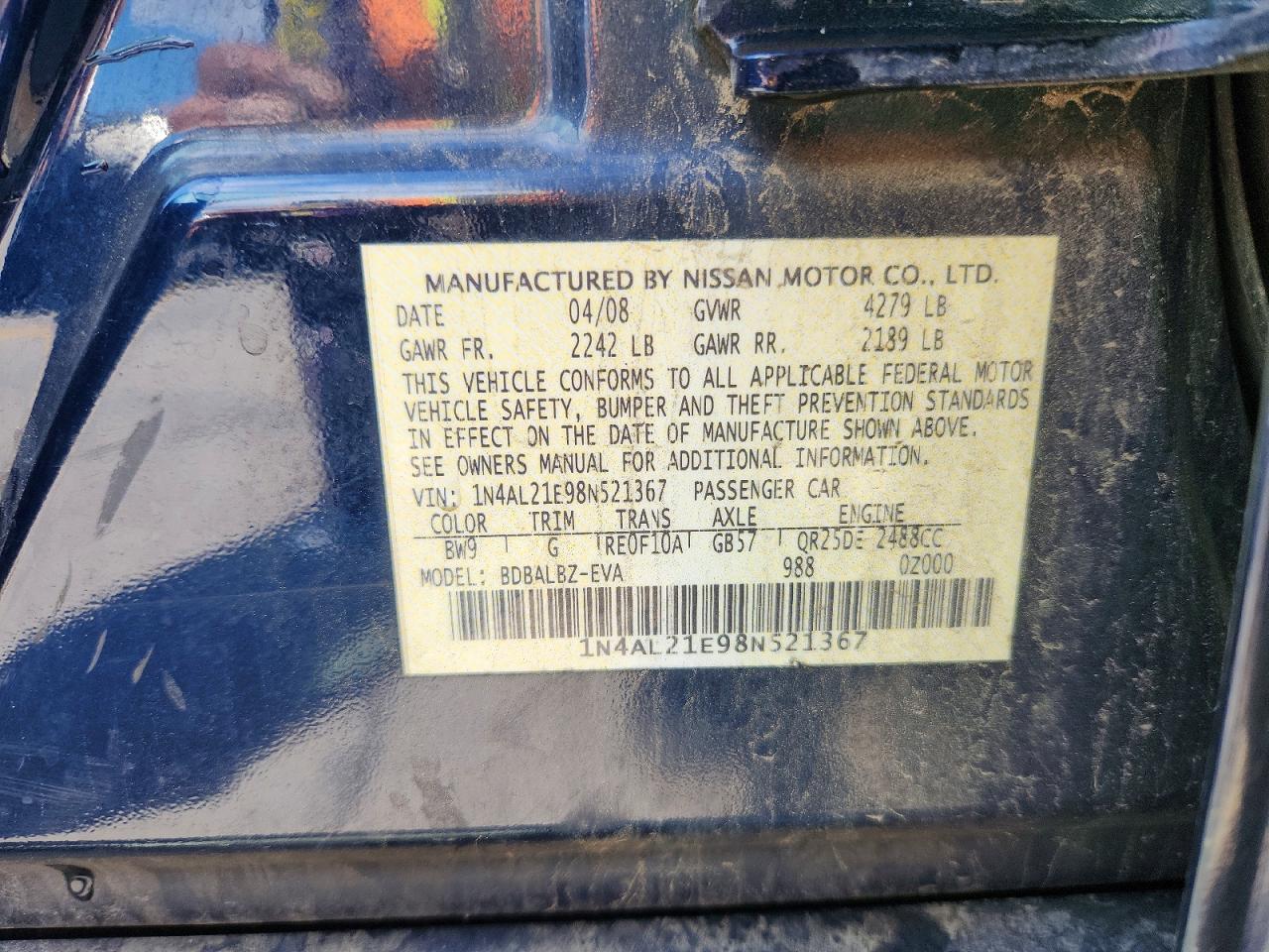 2008 Nissan Altima 2.5 Blue vin: 1N4AL21E98N521367