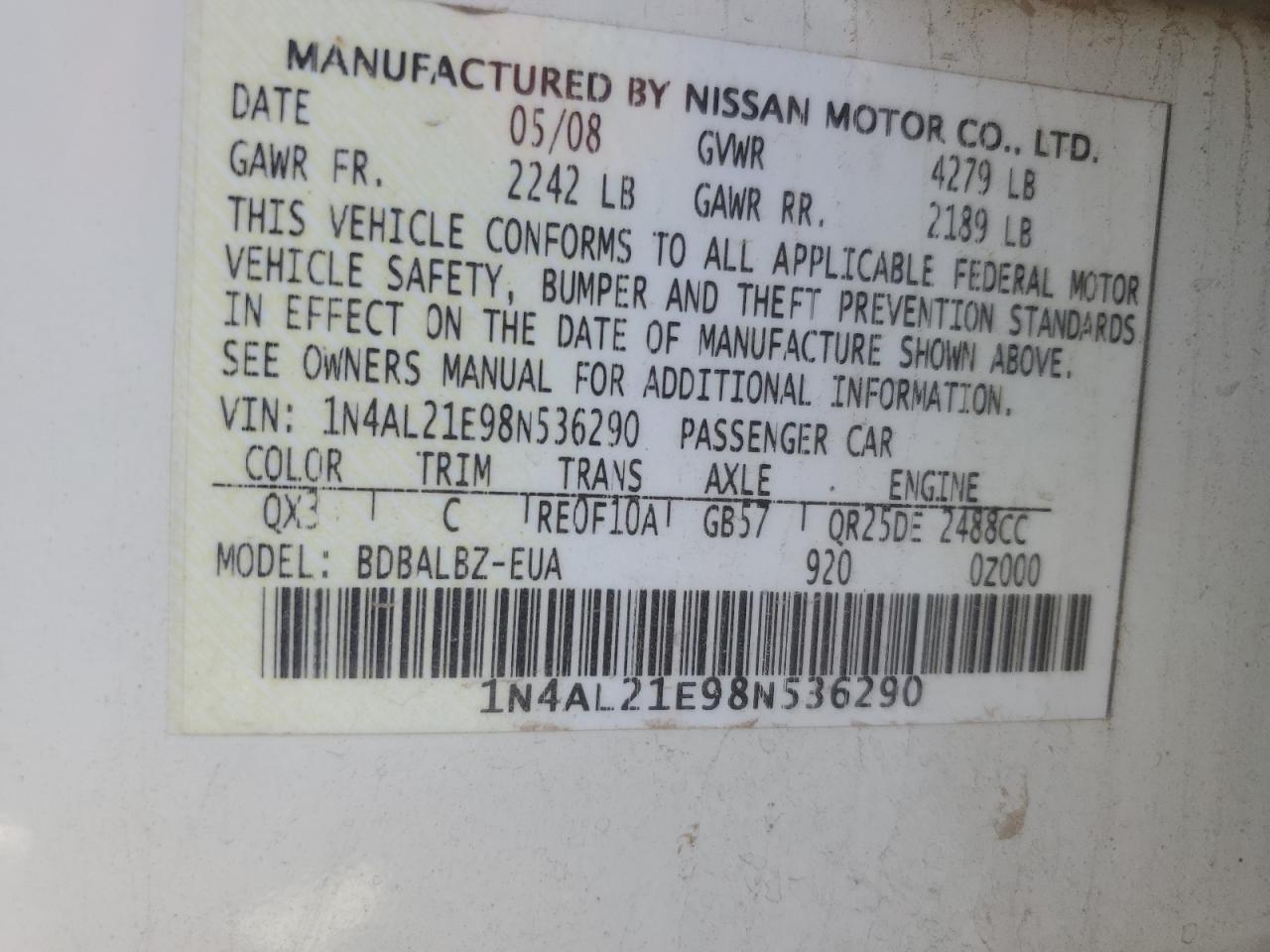 2008 Nissan Altima 2.5 Белый vin: 1N4AL21E98N536290