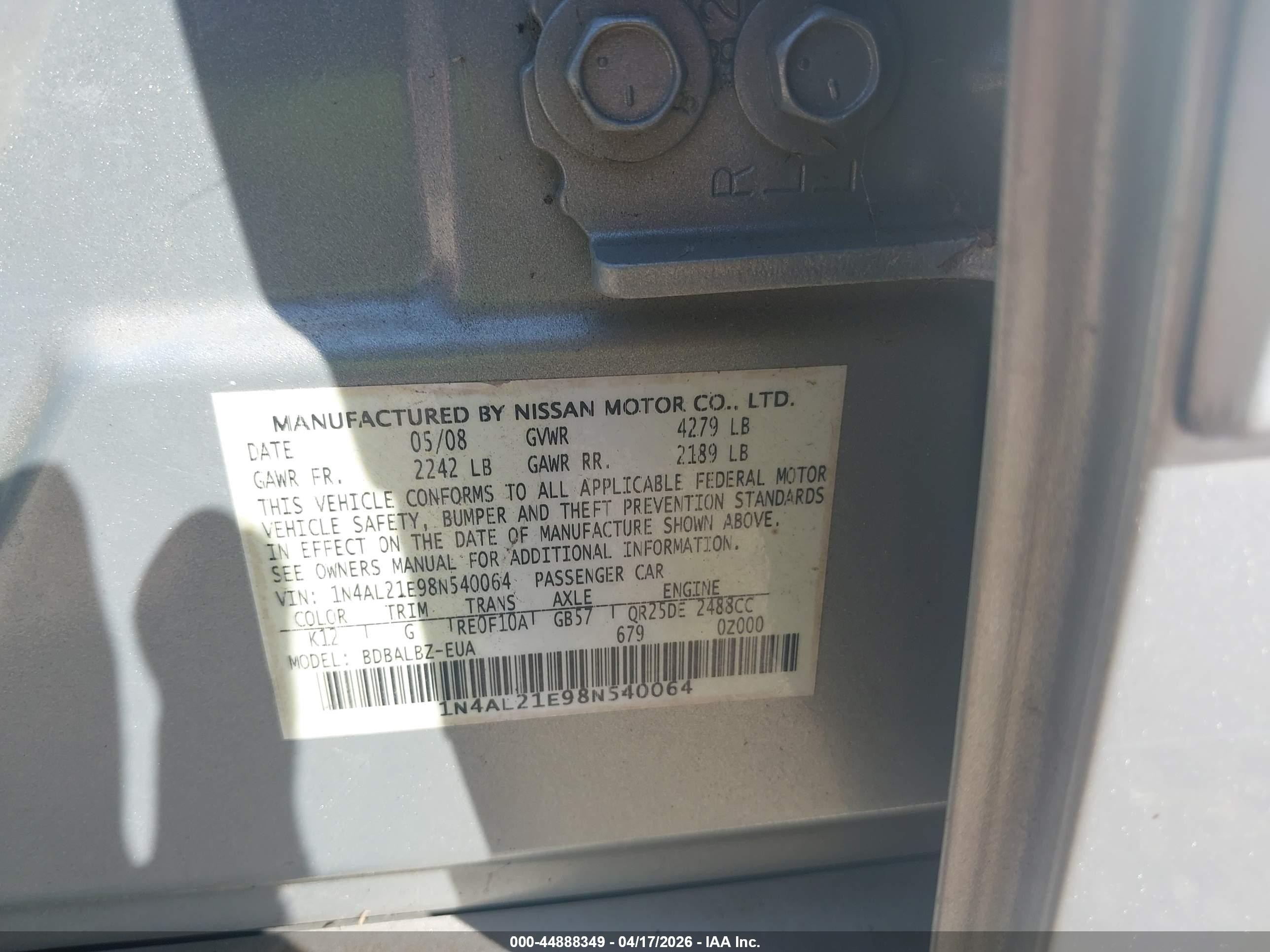 2008 Nissan Altima 2.5 S Silver vin: 1N4AL21E98N540064