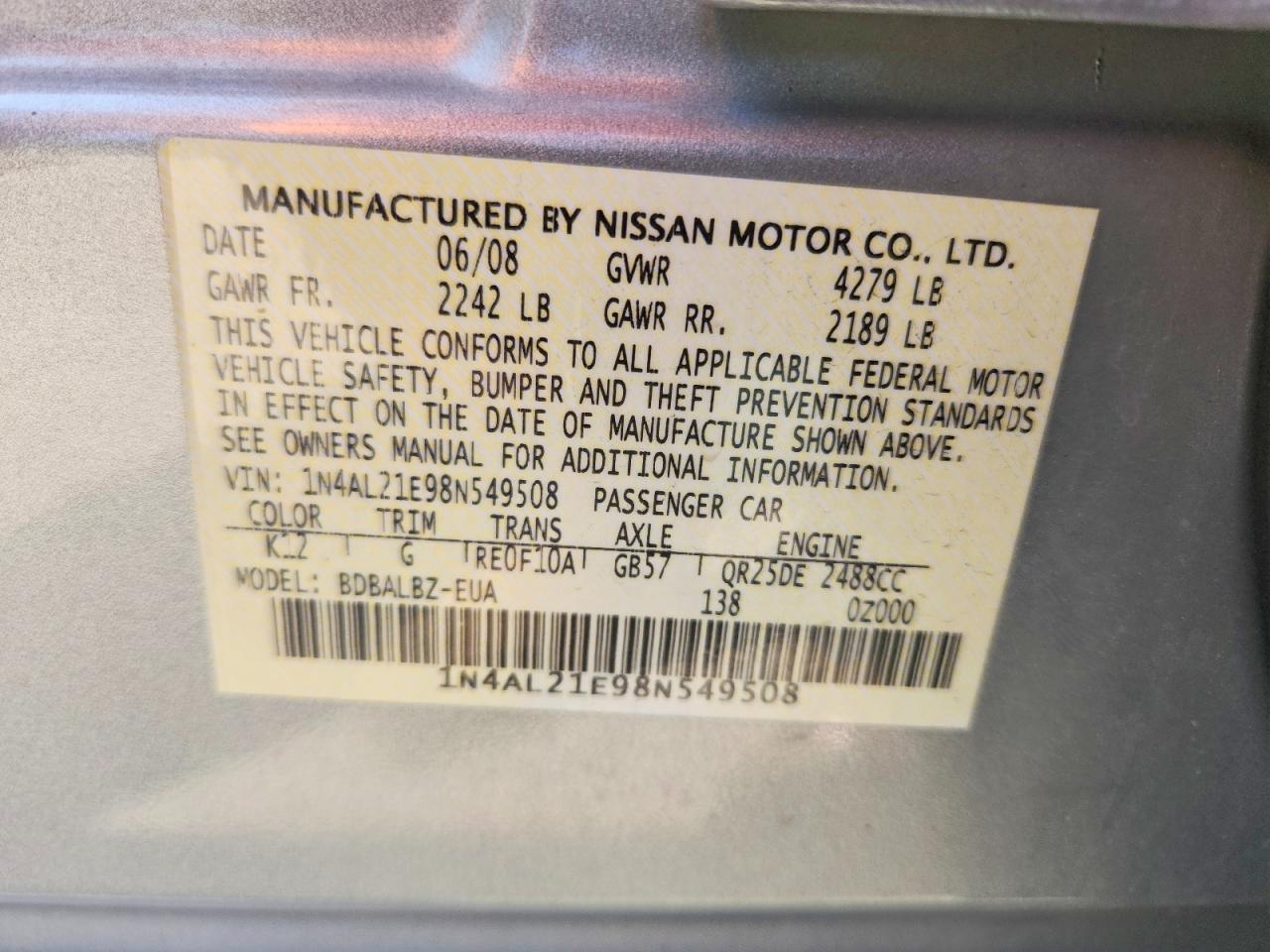 2008 Nissan Altima 2.5 Silver vin: 1N4AL21E98N549508