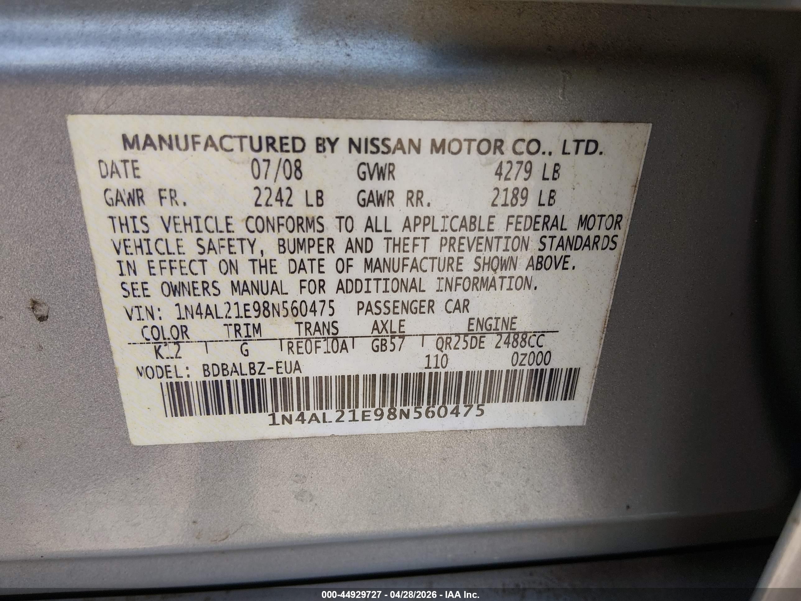2008 Nissan Altima 2.5 S Серебряный vin: 1N4AL21E98N560475