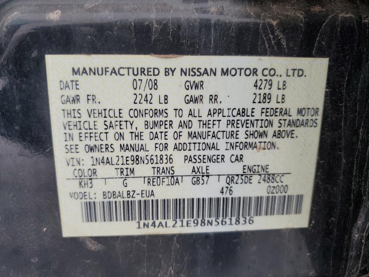 2008 Nissan Altima 2.5 Black vin: 1N4AL21E98N561836