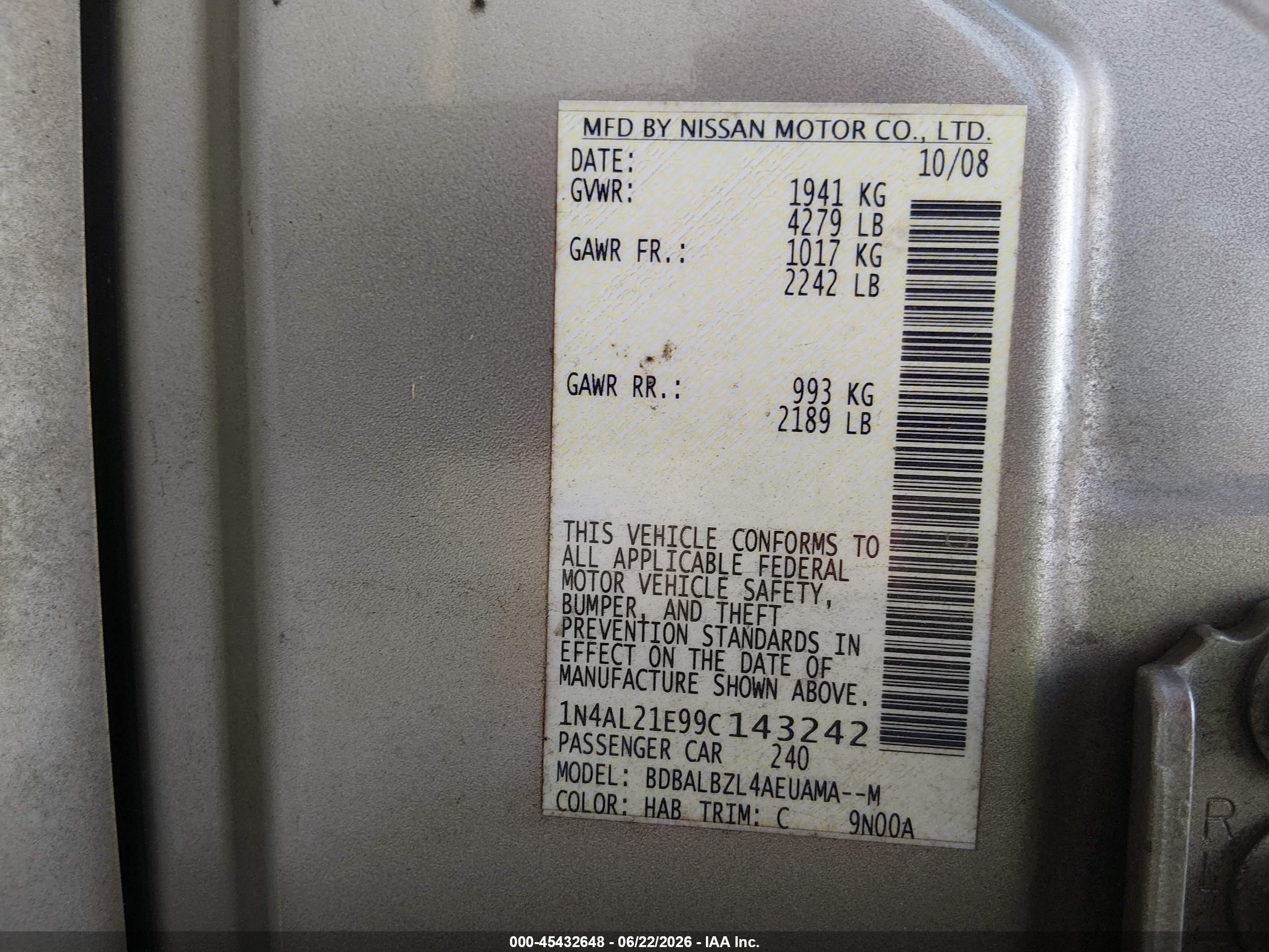 2009 Nissan Altima 2.5 S Champagne vin: 1N4AL21E99C143242