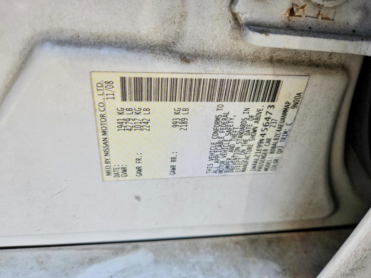 2009 Nissan Altima 2.5 White vin: 1N4AL21E99N456473