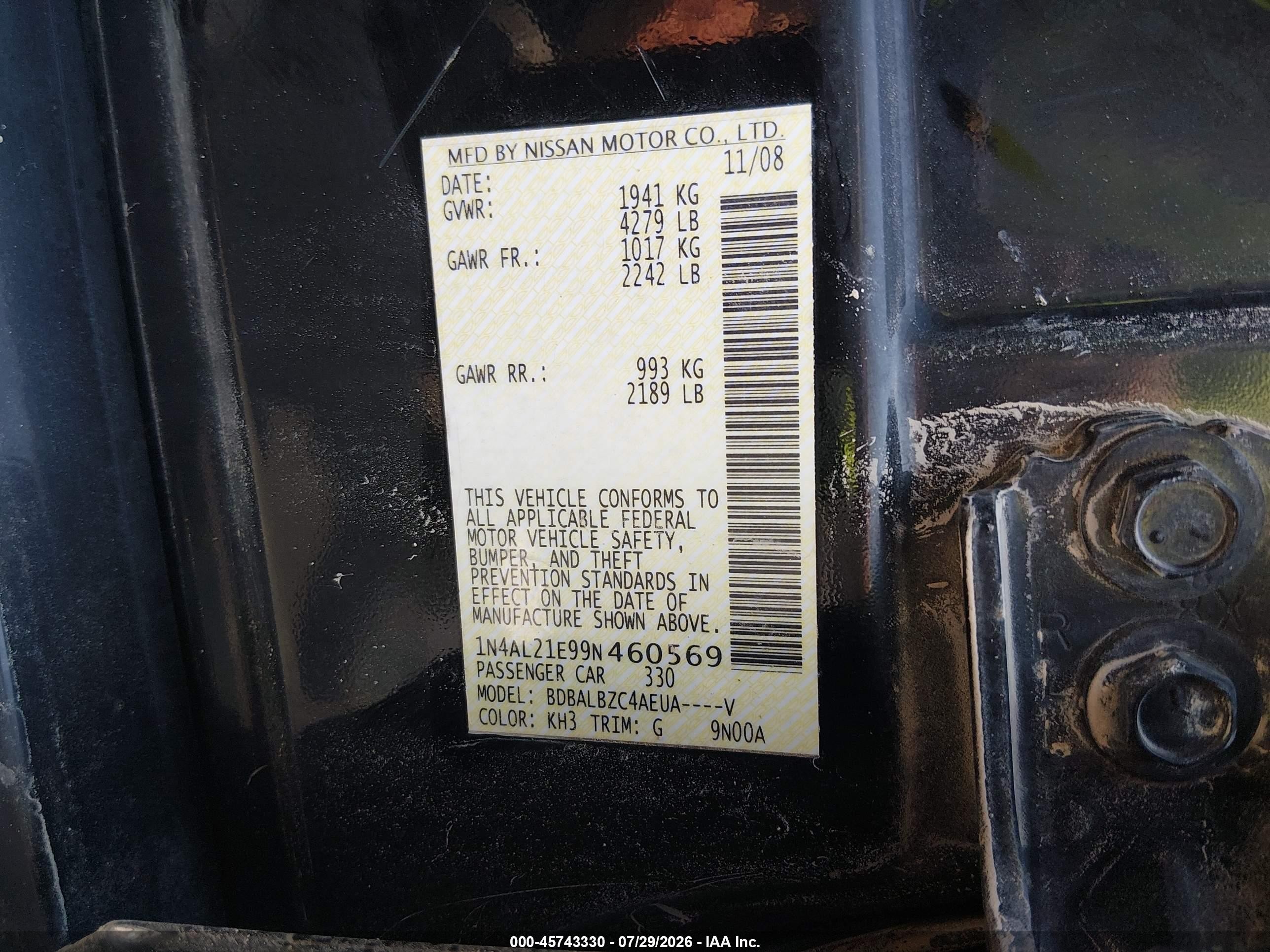 2009 Nissan Altima 2.5 S Black vin: 1N4AL21E99N460569
