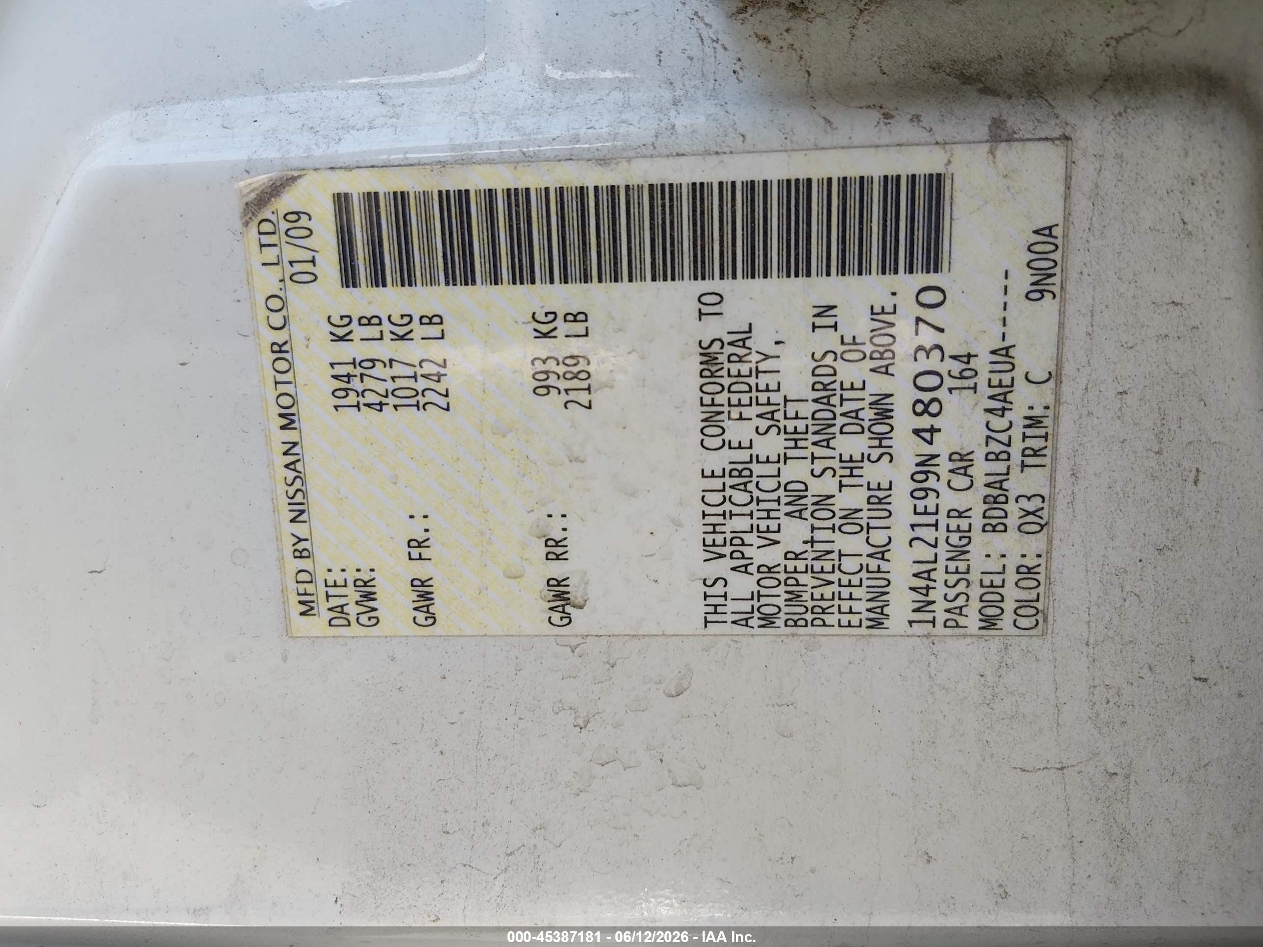 2009 Nissan Altima 2.5 S White vin: 1N4AL21E99N480370