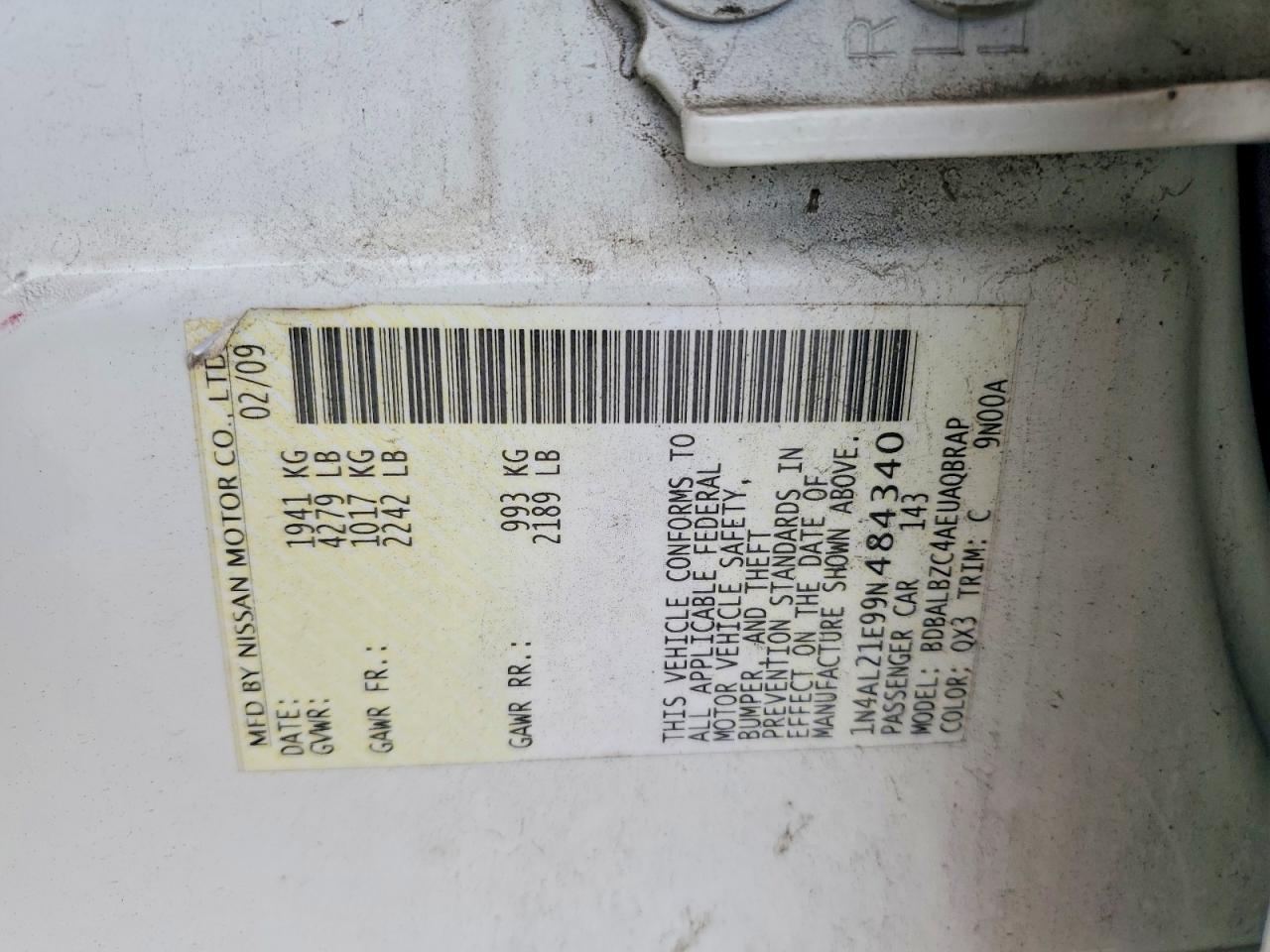 2009 Nissan Altima 2.5 White vin: 1N4AL21E99N484340