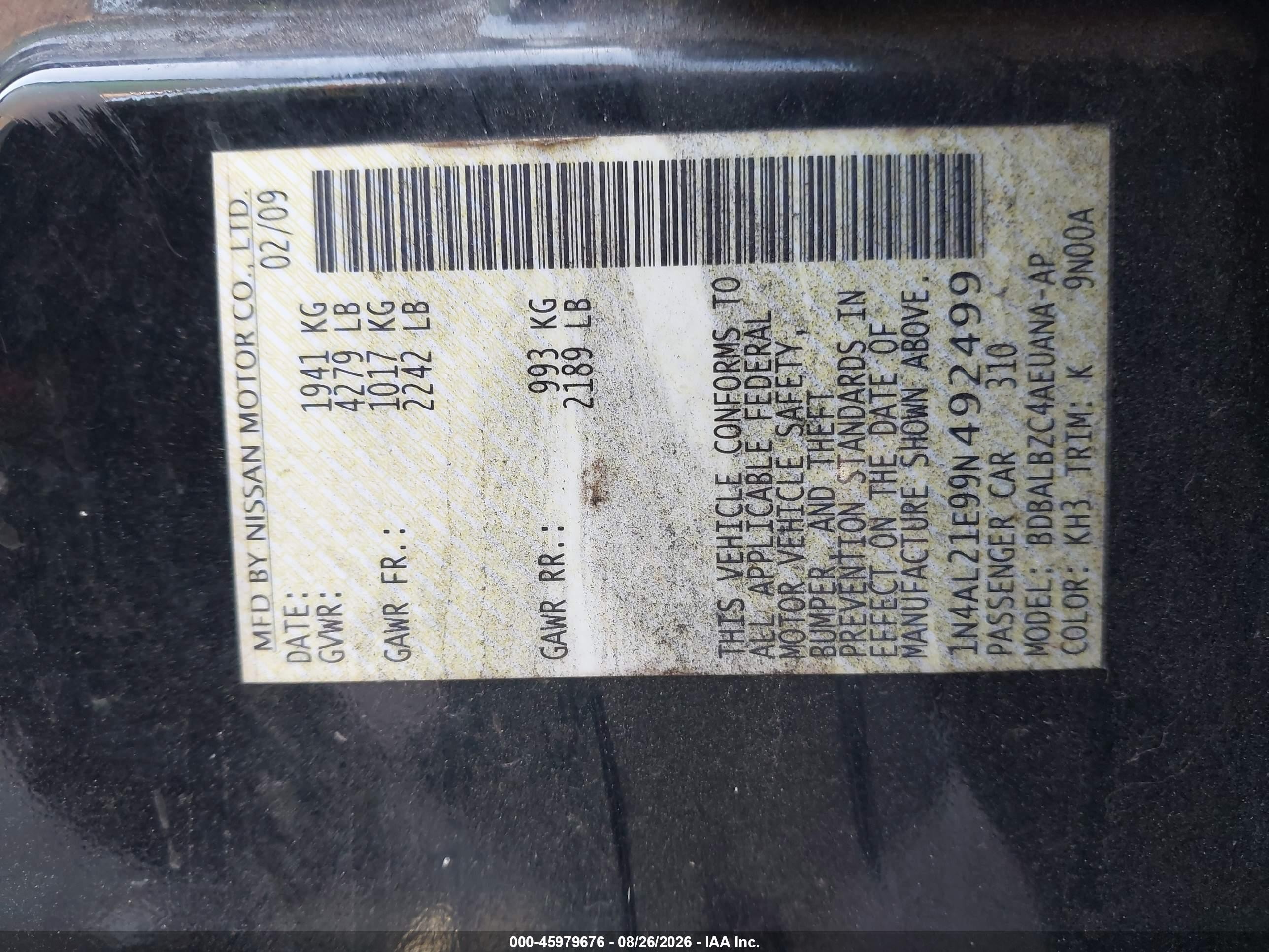 2009 Nissan Altima 2.5 S Black vin: 1N4AL21E99N492499