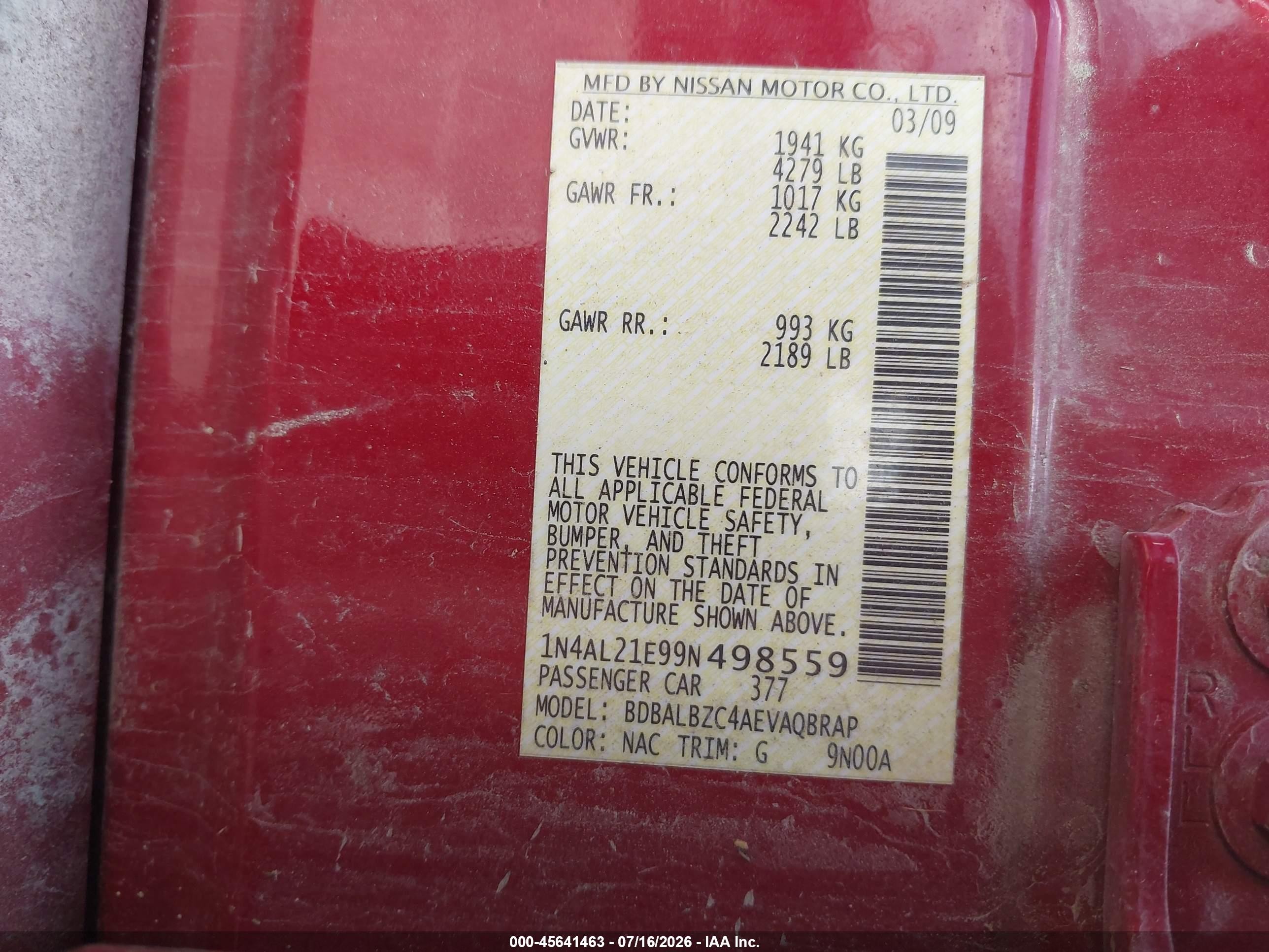 2009 Nissan Altima 2.5 S Red vin: 1N4AL21E99N498559
