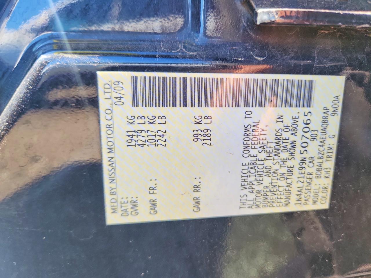 2009 Nissan Altima 2.5 Black vin: 1N4AL21E99N507065