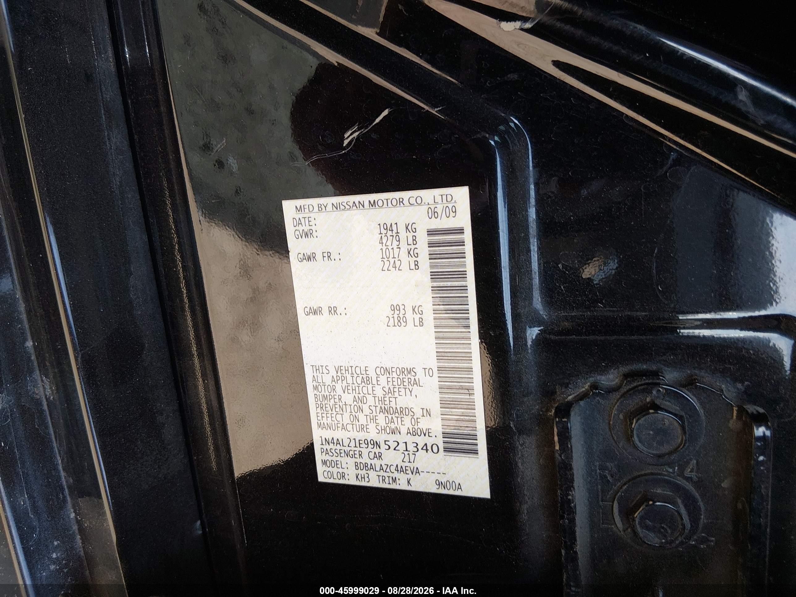 2009 Nissan Altima 2.5 Black vin: 1N4AL21E99N521340