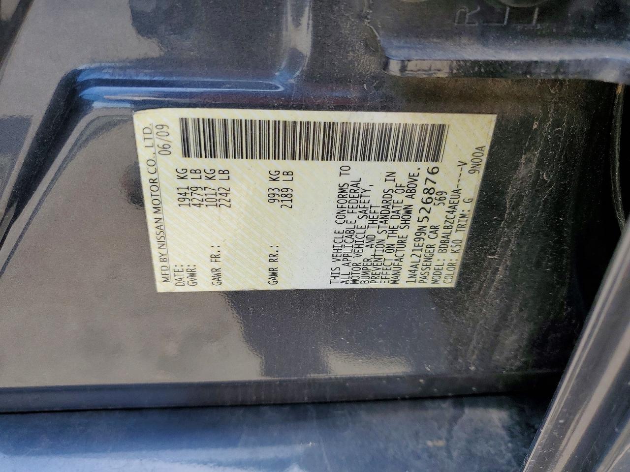 2009 Nissan Altima 2.5 Black vin: 1N4AL21E99N526876