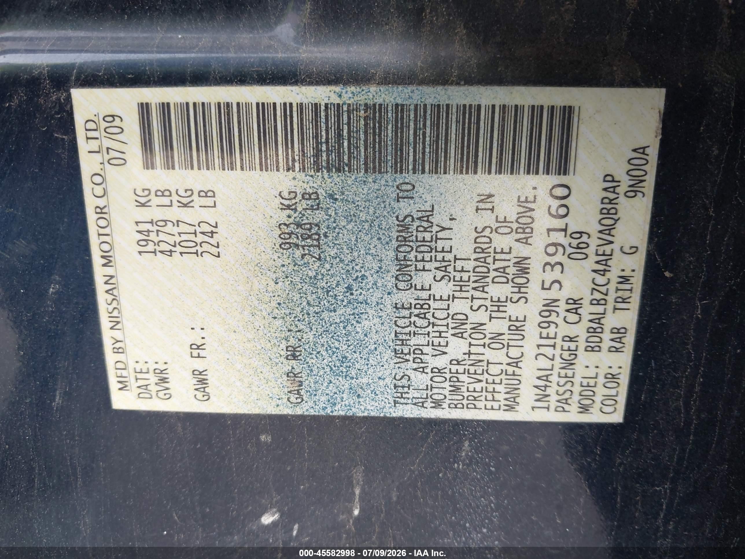 2009 Nissan Altima 2.5 S Blue vin: 1N4AL21E99N539160